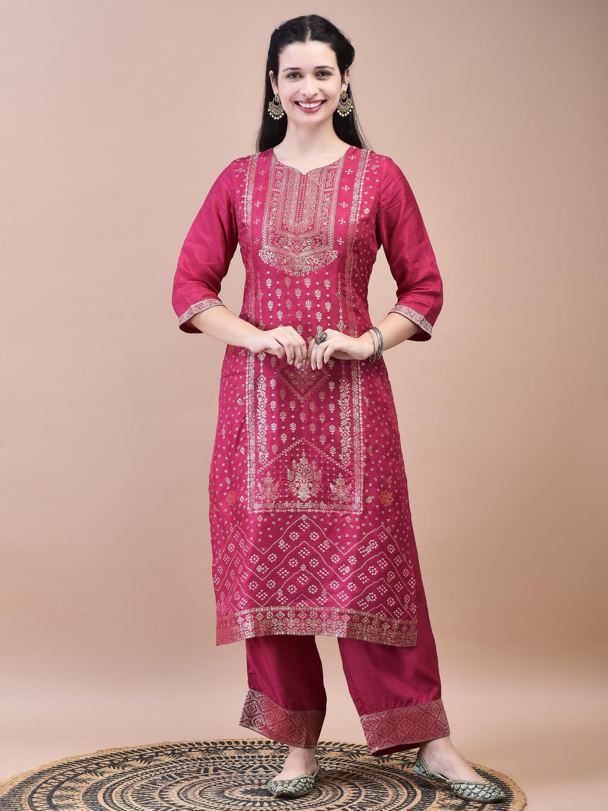Women Dola Jacquard Fuchsia Woven Kurta Comfort Pant Dupatta.