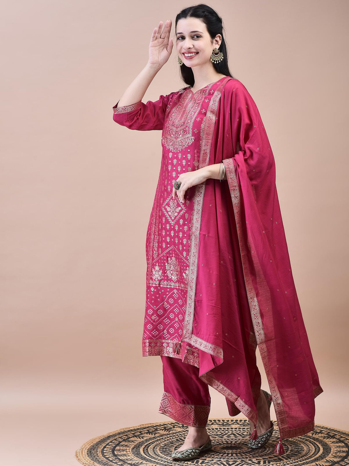 Women Dola Jacquard Fuchsia Woven Kurta Comfort Pant Dupatta.