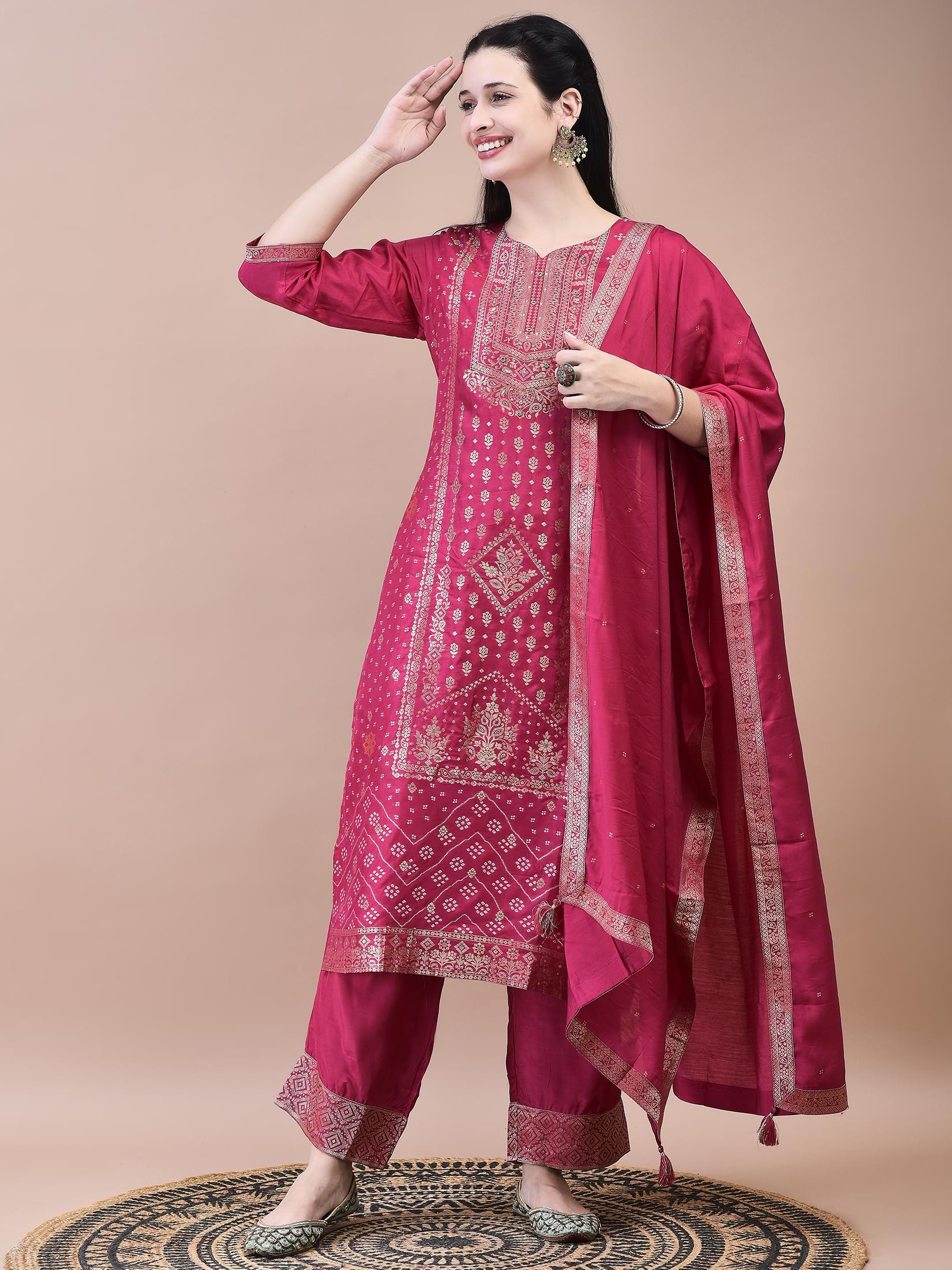 Women Dola Jacquard Fuchsia Woven Kurta Comfort Pant Dupatta.