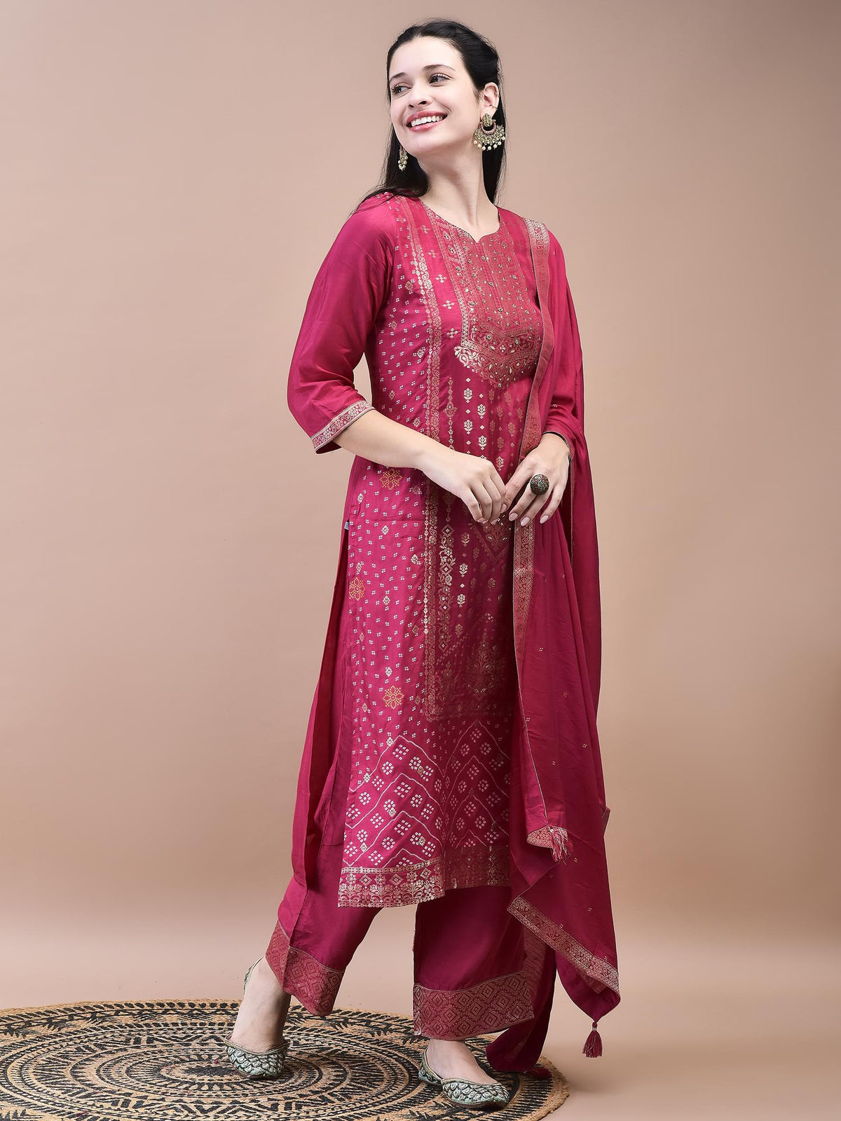 Women Dola Jacquard Fuchsia Woven Kurta Comfort Pant Dupatta.