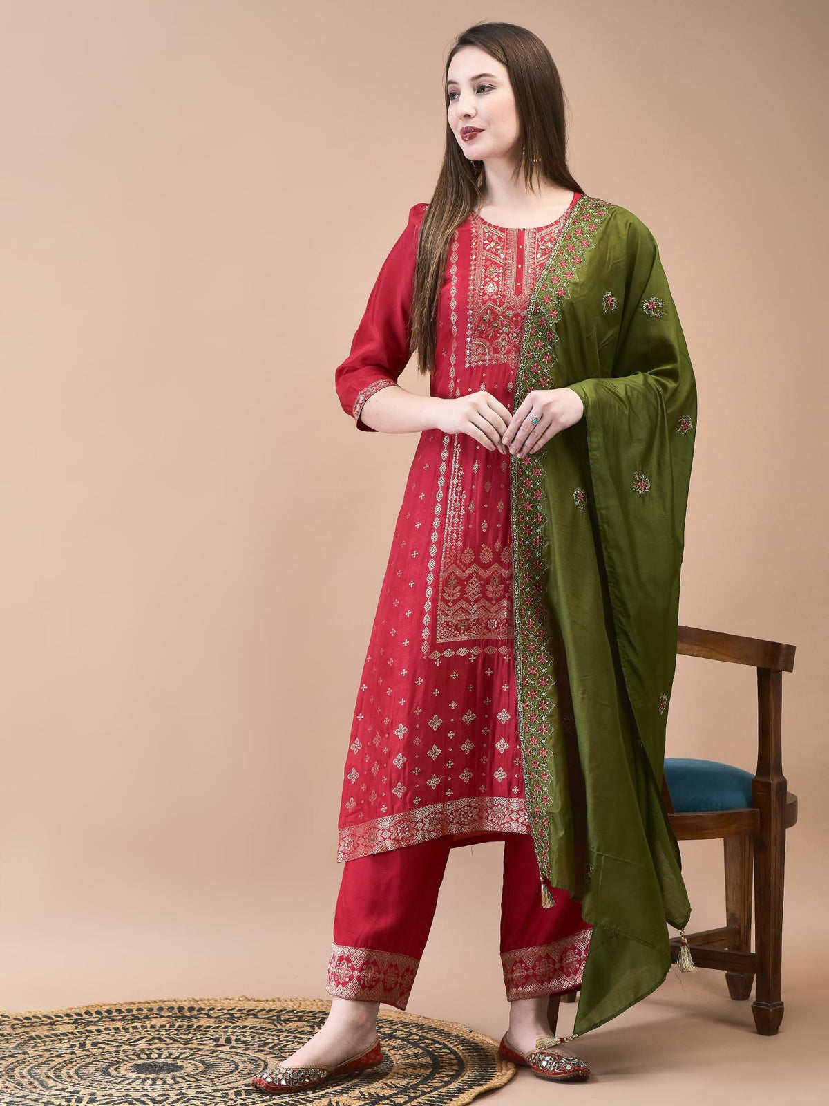 Women Dola Jacquard Fuchsia Woven Kurta Comfort Pant Dupatta.