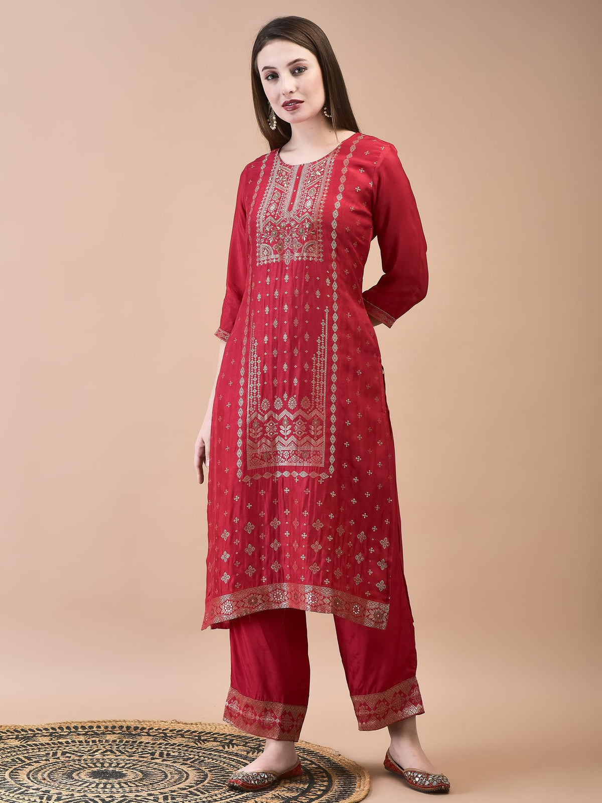 Women Dola Jacquard Fuchsia Woven Kurta Comfort Pant Dupatta.