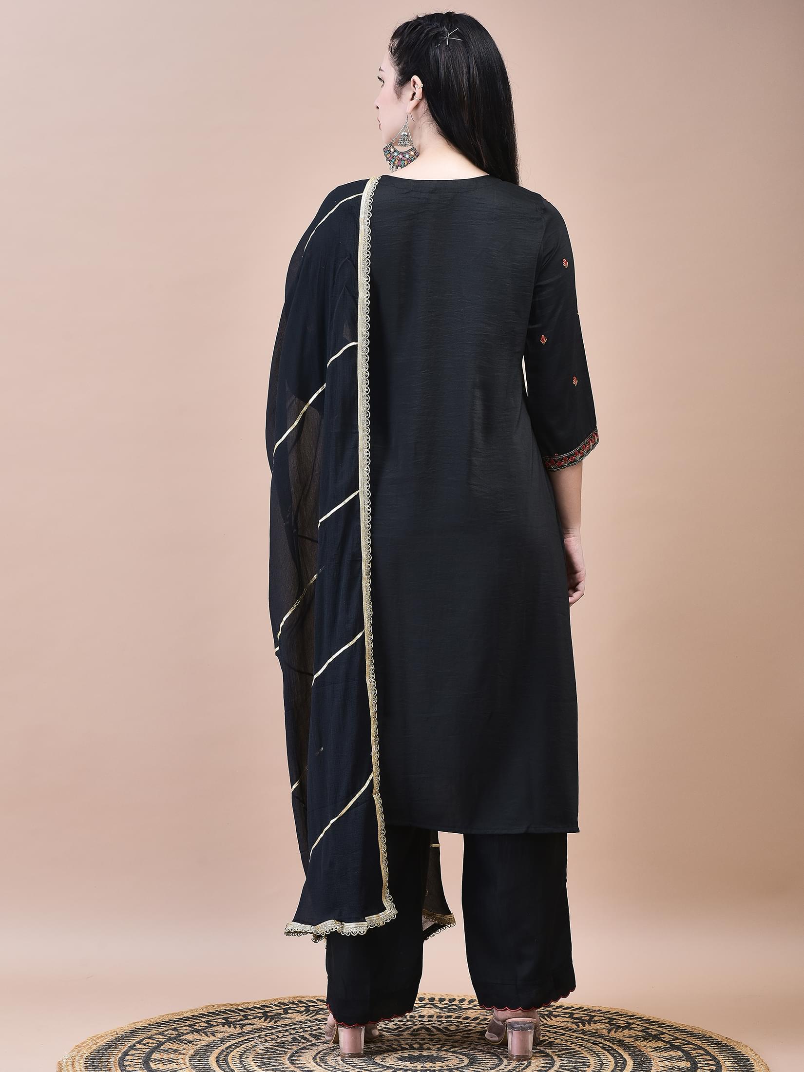 Women Liva Black Embroidered Kurta Comfort Pant Dupatta.