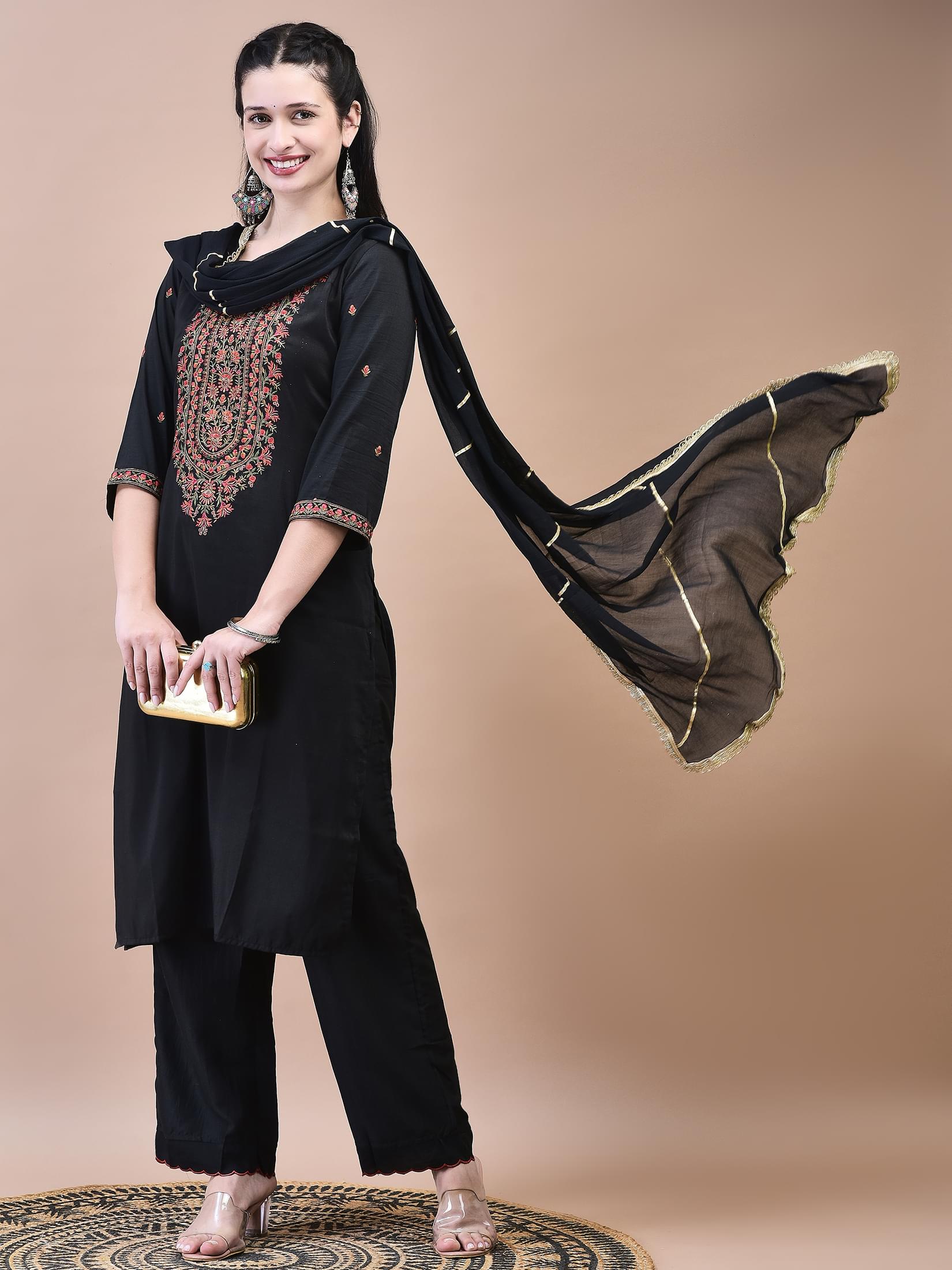 Women Liva Black Embroidered Kurta Comfort Pant Dupatta.