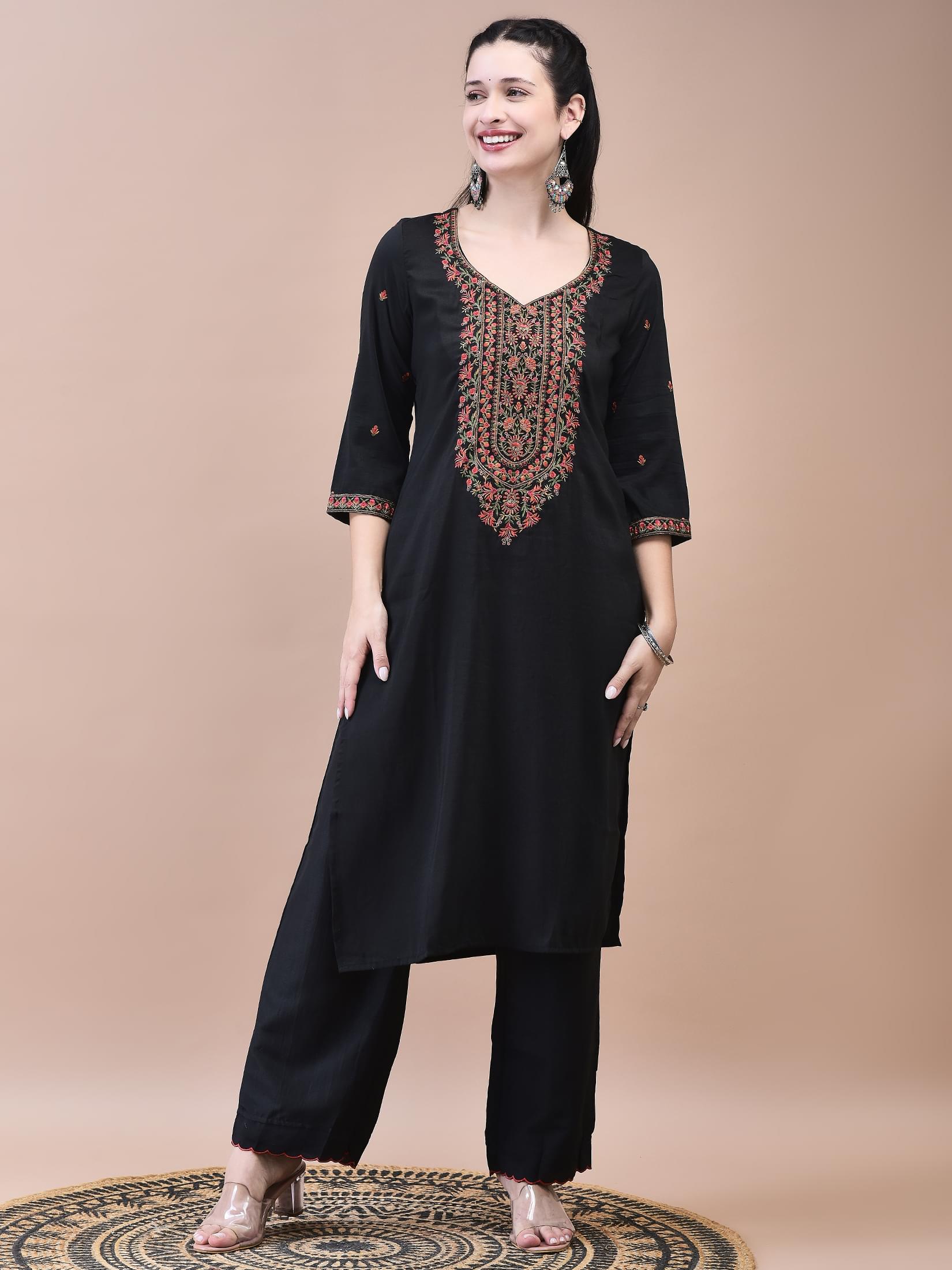 Women Liva Black Embroidered Kurta Comfort Pant Dupatta.