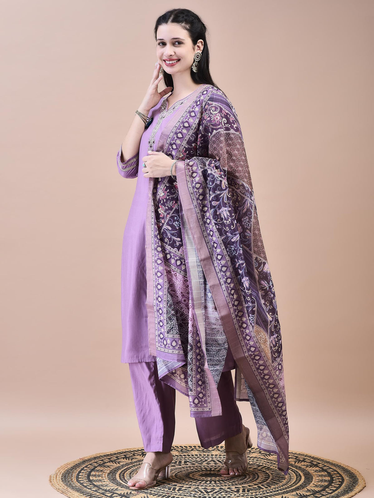 Women Poly Viscose Purple Embroidered Kurta Comfort Pant Chanderi Dupatta.
