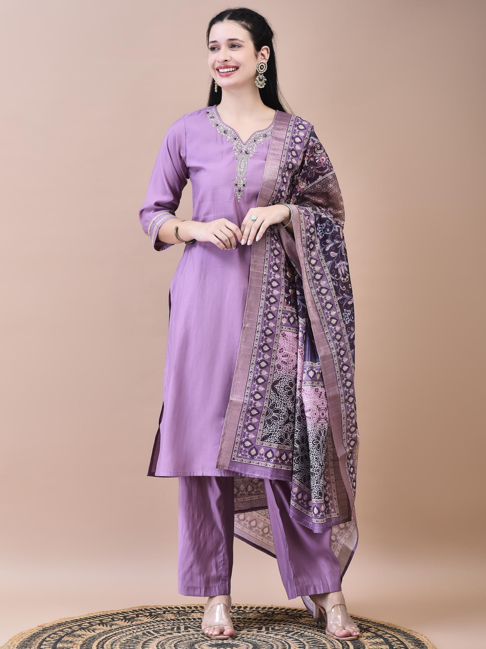 Women Poly Viscose Purple Embroidered Kurta Comfort Pant Chanderi Dupatta.