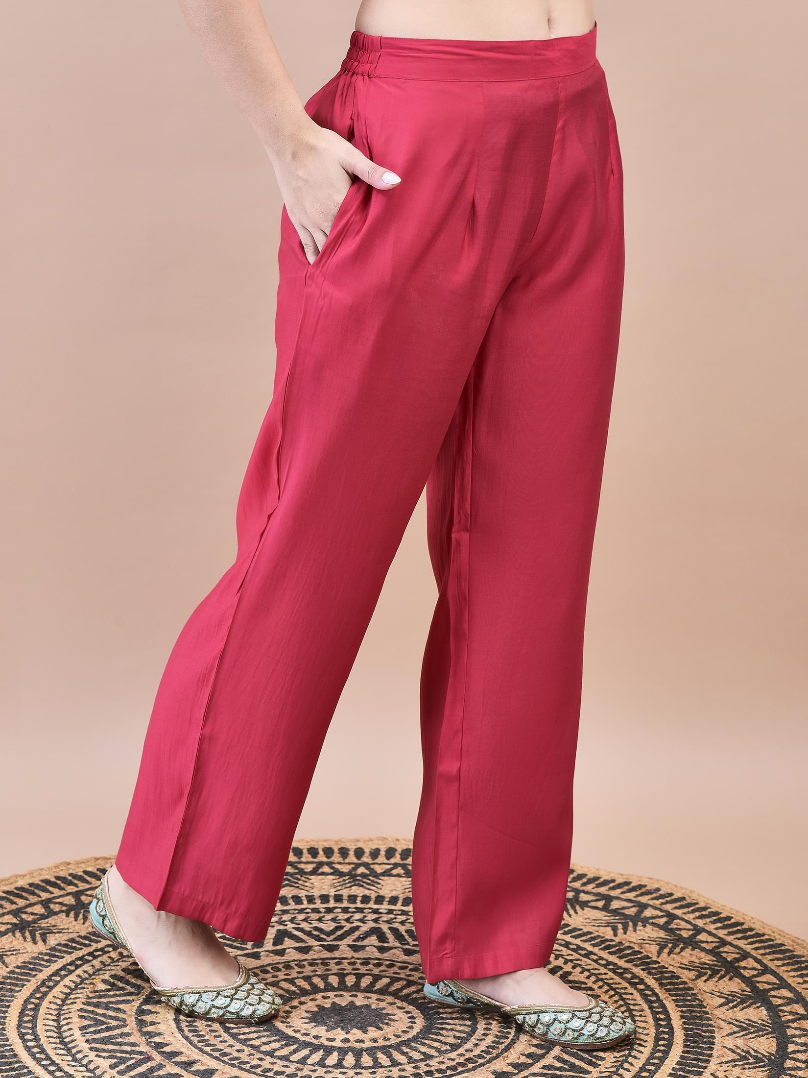 Women Poly Viscose Pink Embroidered Kurta Comfort Pant Chanderi Dupatta.