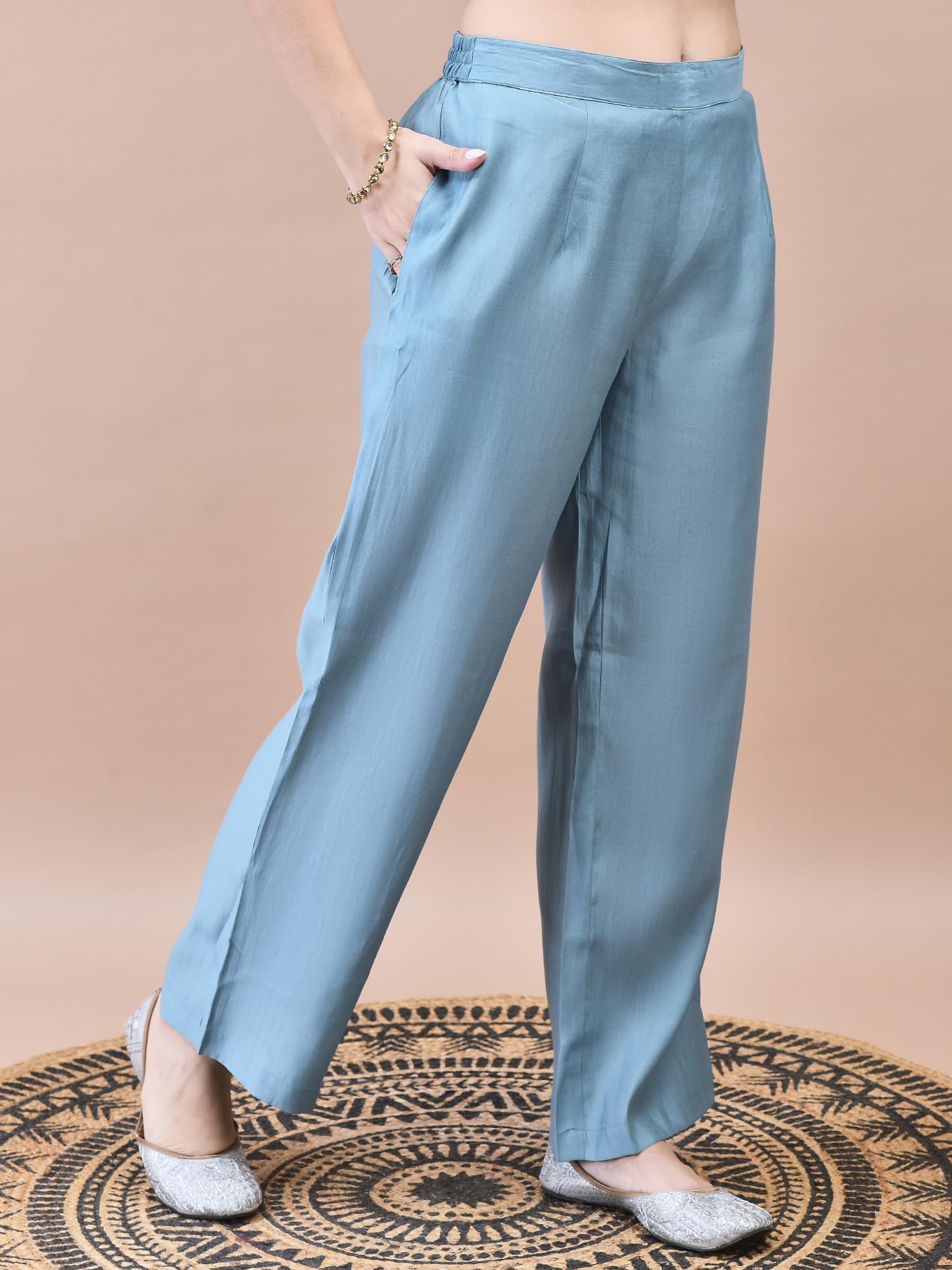 Women Poly Viscose Blue Embroidered Kurta Comfort Pant Chanderi Dupatta.