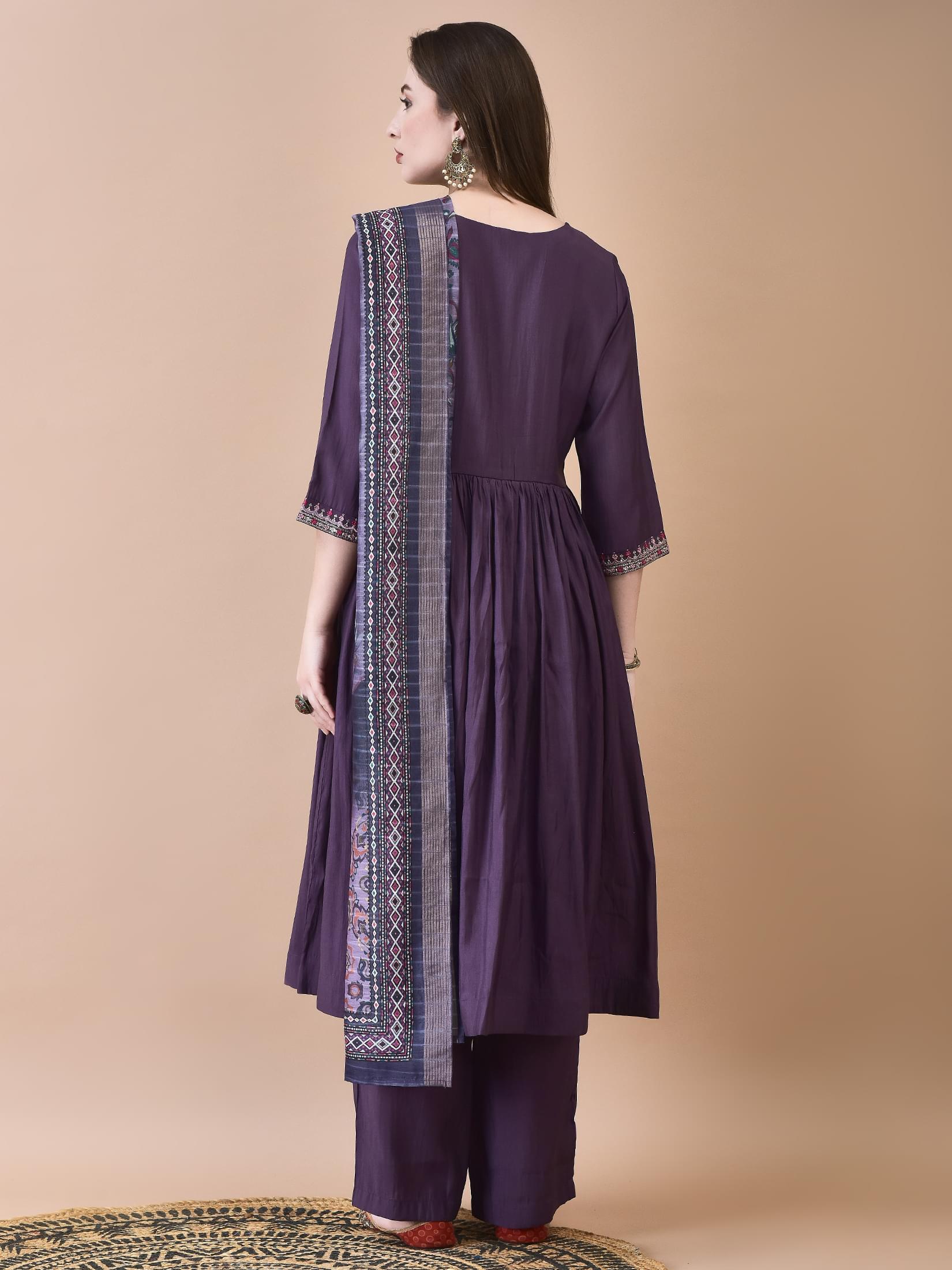 Women Poly Viscose Mauve Embroidered Kurta Comfort Pant Dupatta.
