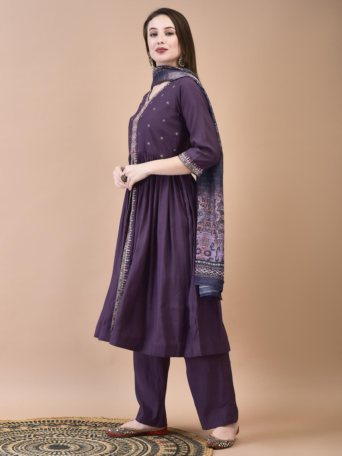 Women Poly Viscose Mauve Embroidered Kurta Comfort Pant Dupatta.