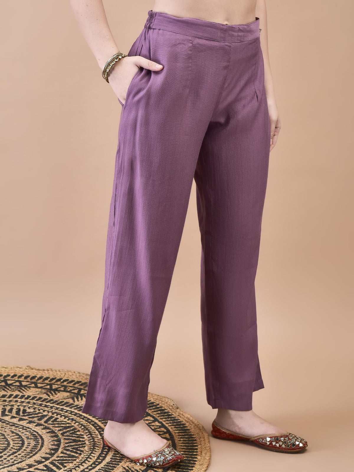 Women Poly Viscose Purple Embroidered Kurta Comfort Pant Chanderi Dupatta.