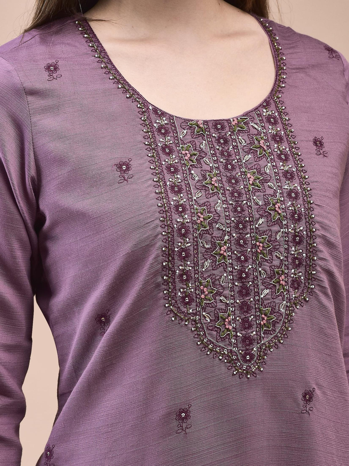 Women Poly Viscose Purple Embroidered Kurta Comfort Pant Chanderi Dupatta.