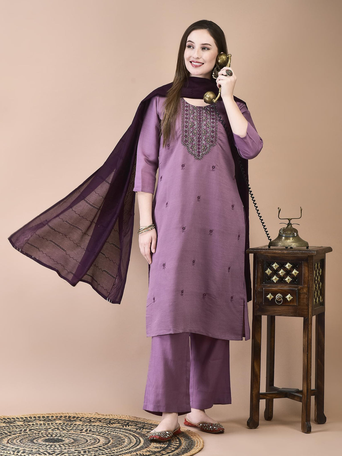 Women Poly Viscose Purple Embroidered Kurta Comfort Pant Chanderi Dupatta.