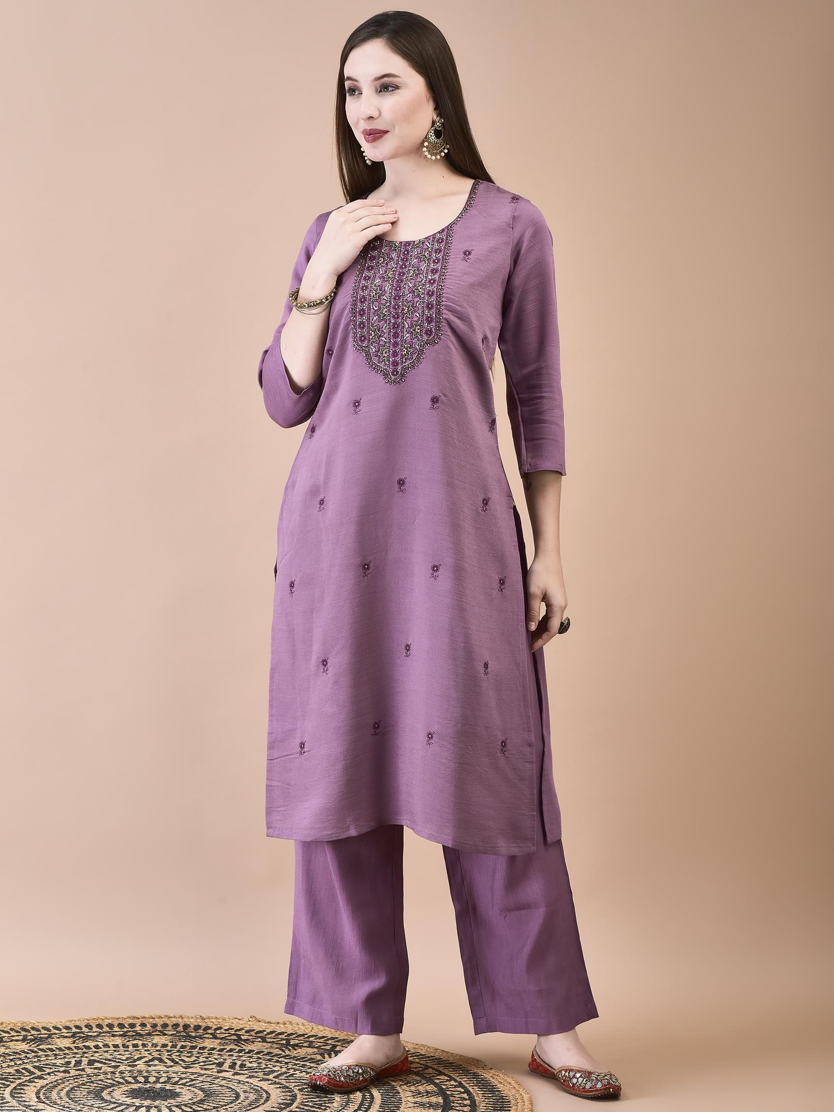 Women Poly Viscose Purple Embroidered Kurta Comfort Pant Chanderi Dupatta.