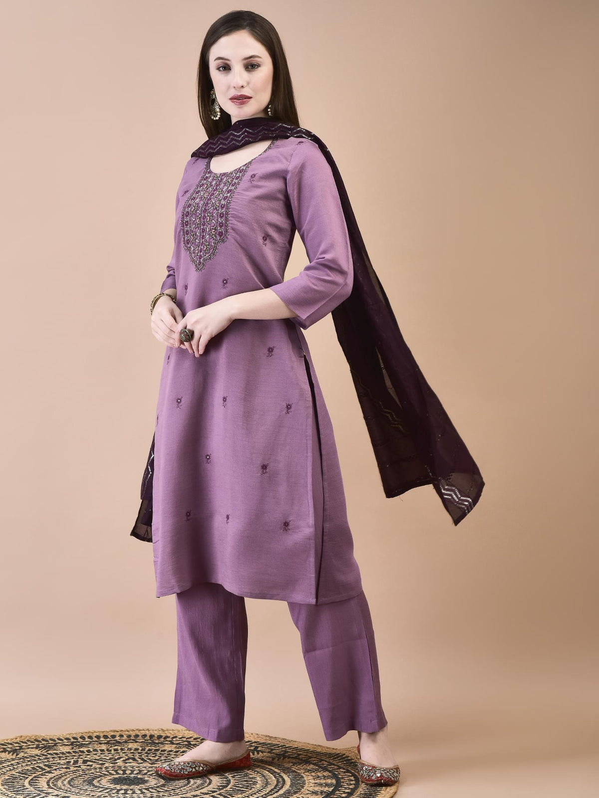 Women Poly Viscose Purple Embroidered Kurta Comfort Pant Chanderi Dupatta.