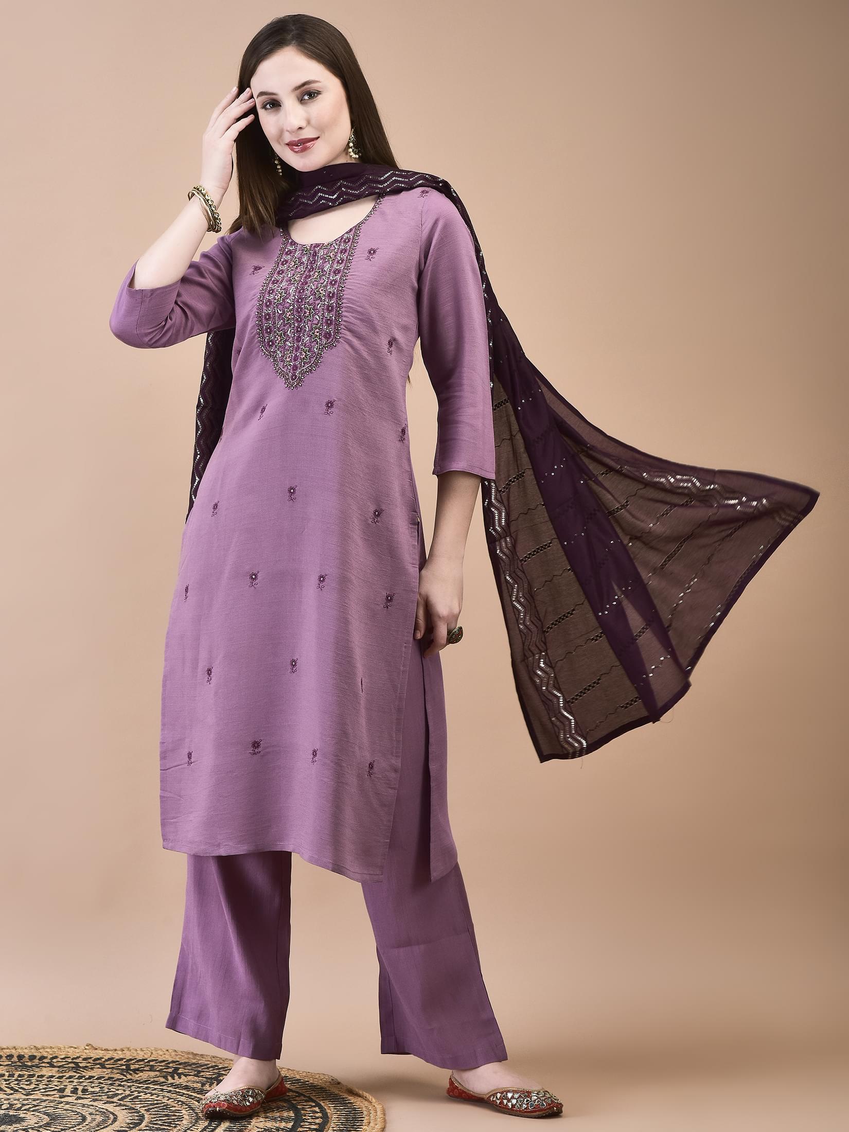 Women Poly Viscose Purple Embroidered Kurta Comfort Pant Chanderi Dupatta.