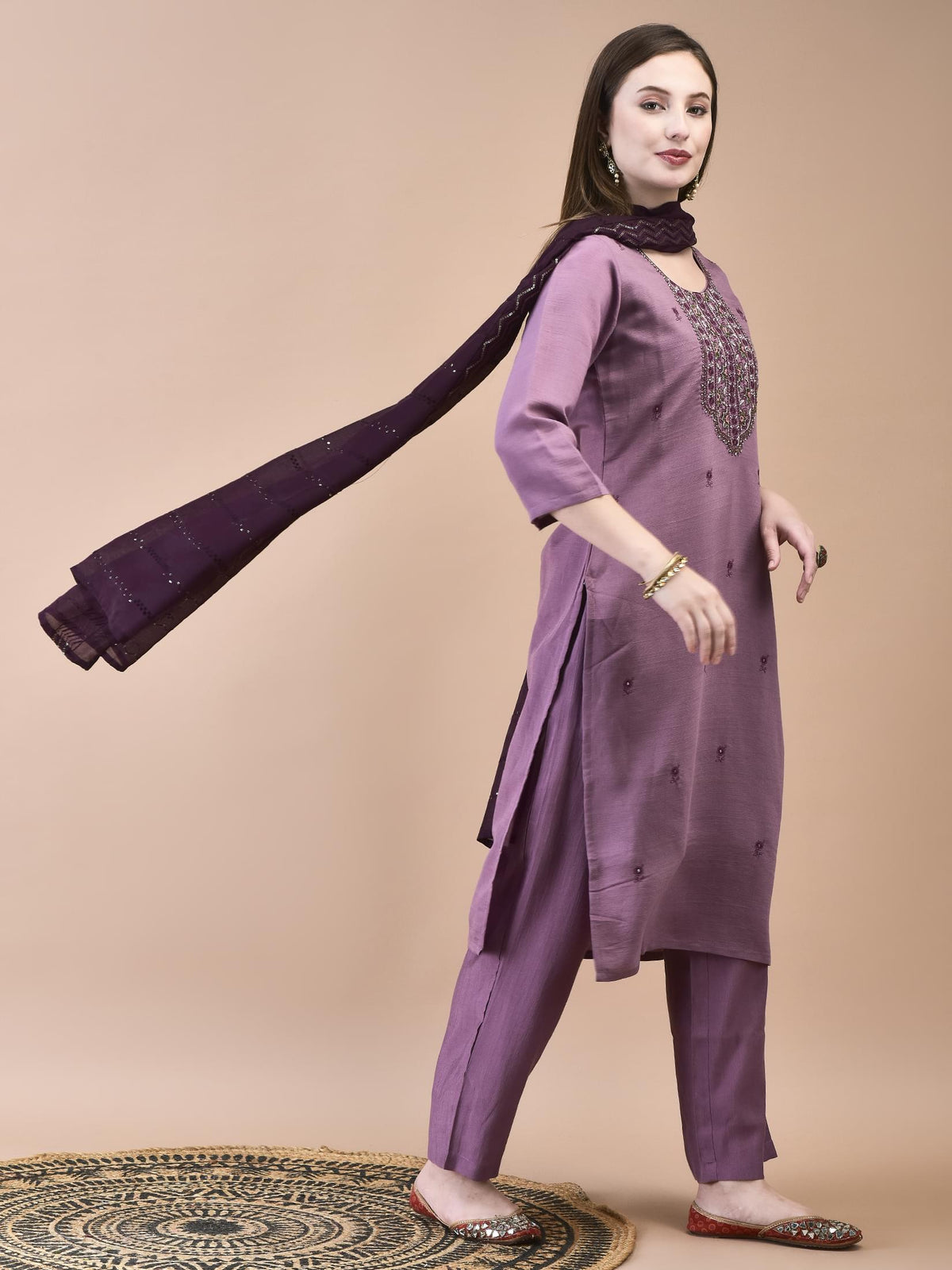 Women Poly Viscose Purple Embroidered Kurta Comfort Pant Chanderi Dupatta.