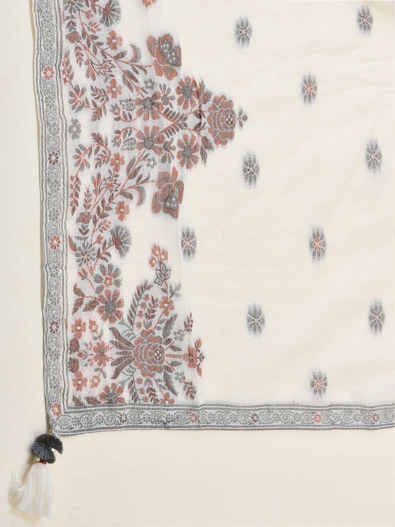 Women Jacquard Off White Solid Kurta Comfort Pant Dupatta.