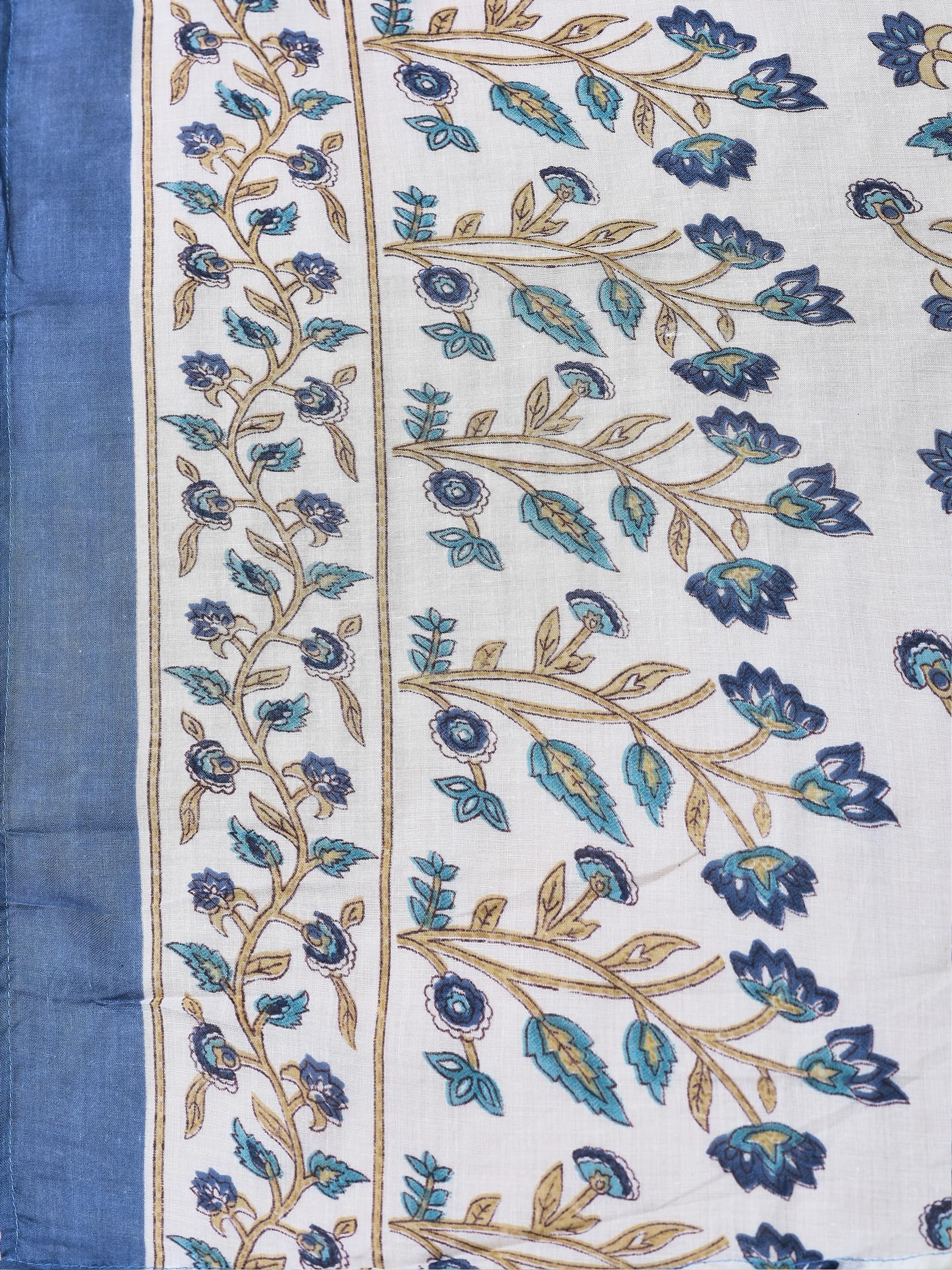 Women Cotton Off-White Blue Floral Print Kurta Comfort Pant Dupatta.
