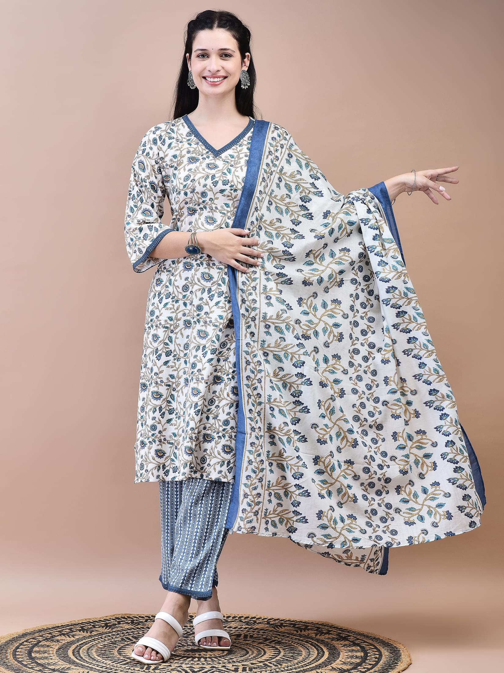 Women Cotton Off-White Blue Floral Print Kurta Comfort Pant Dupatta.