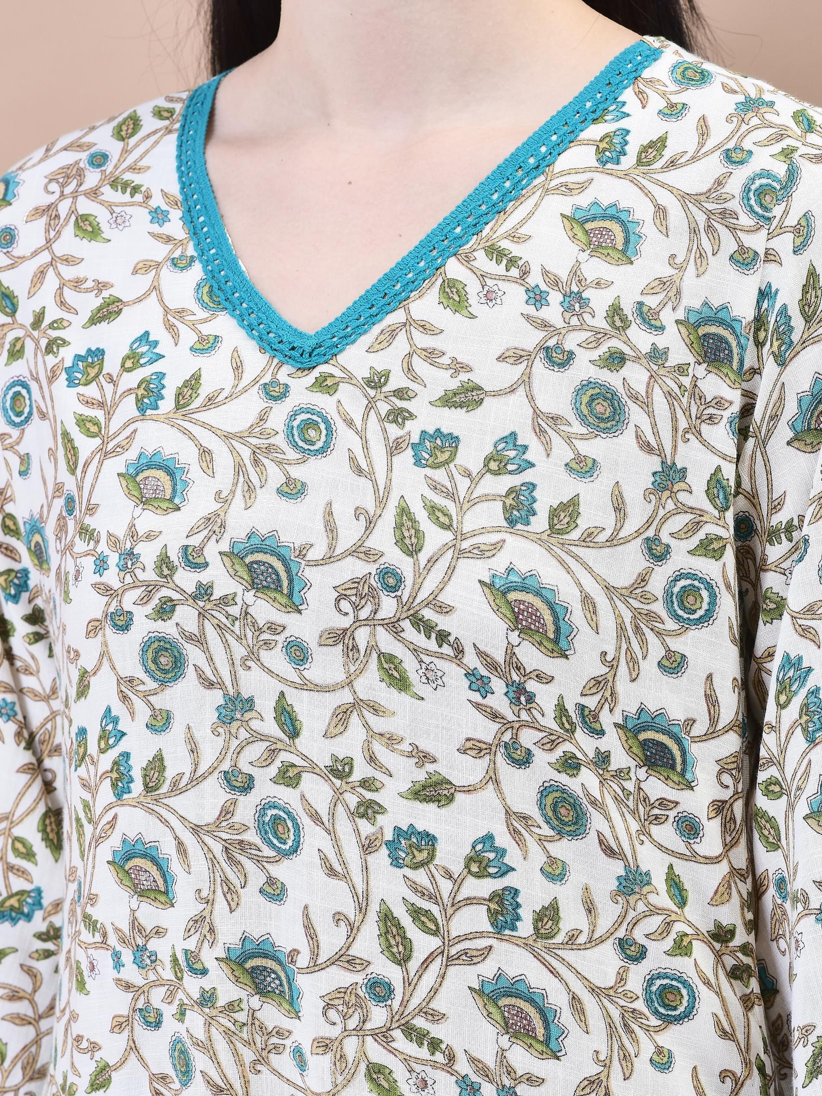 Women Cotton Off-White Teal Floral Print Kurta Comfort Pant Dupatta.