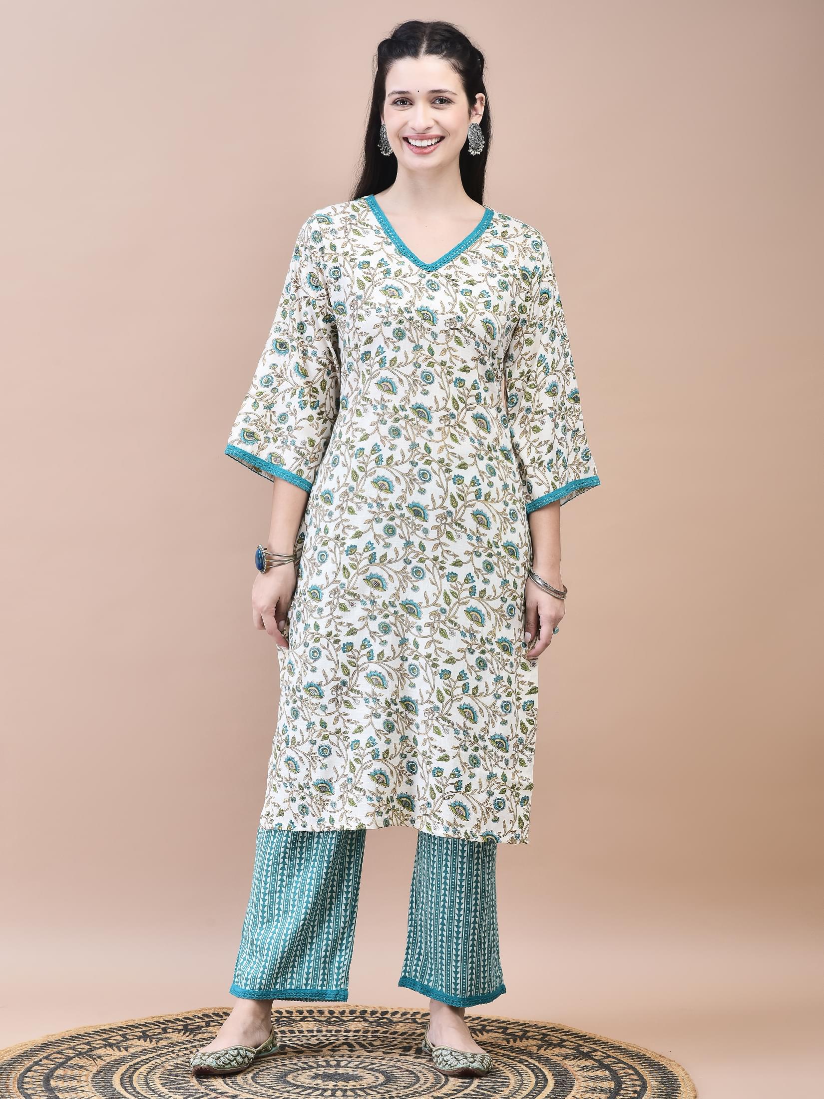 Women Cotton Off-White Teal Floral Print Kurta Comfort Pant Dupatta.