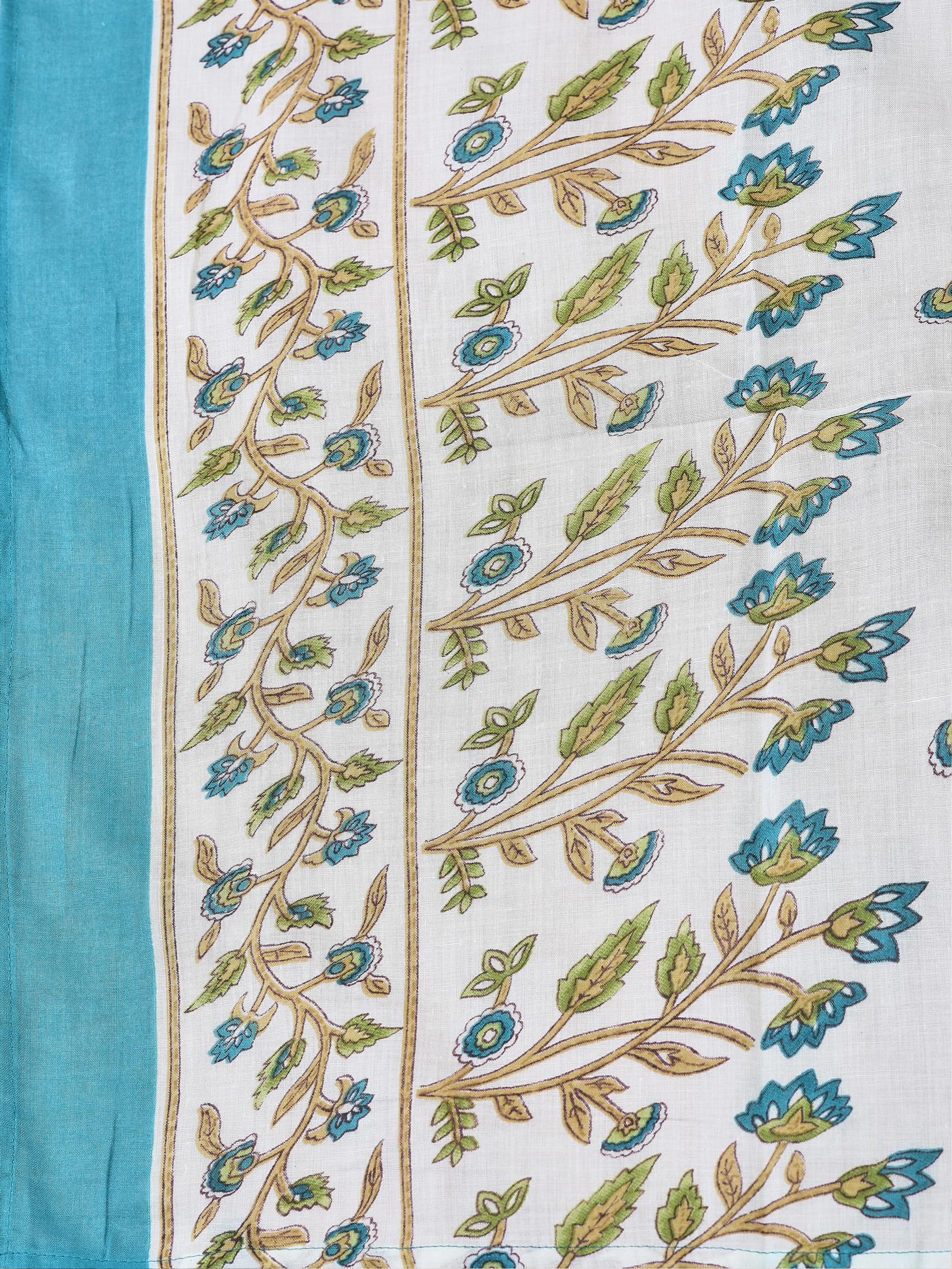 Women Cotton Off-White Teal Floral Print Kurta Comfort Pant Dupatta.