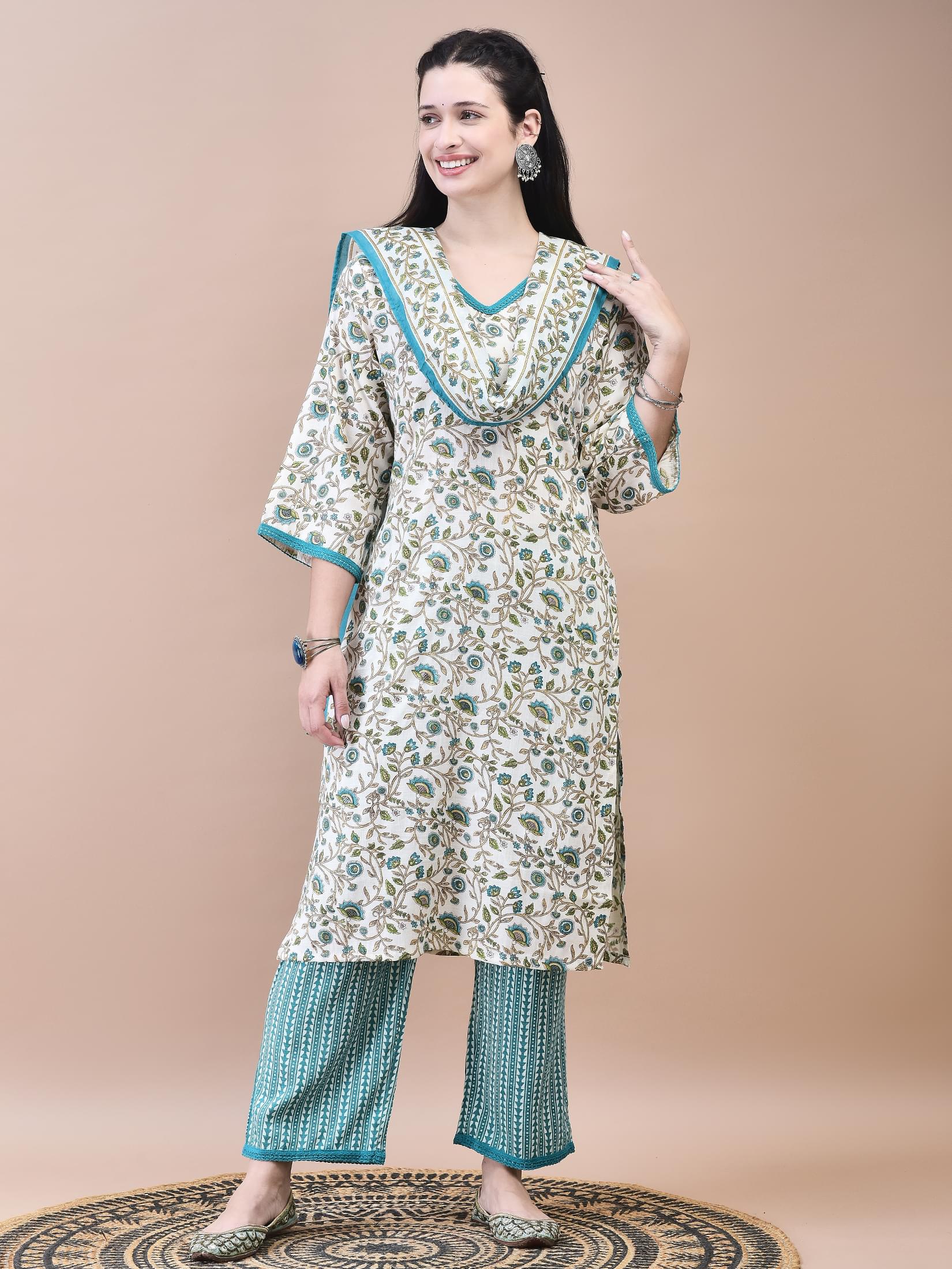 Off white and teal green botanical print cotton regular fit straight trousers suit