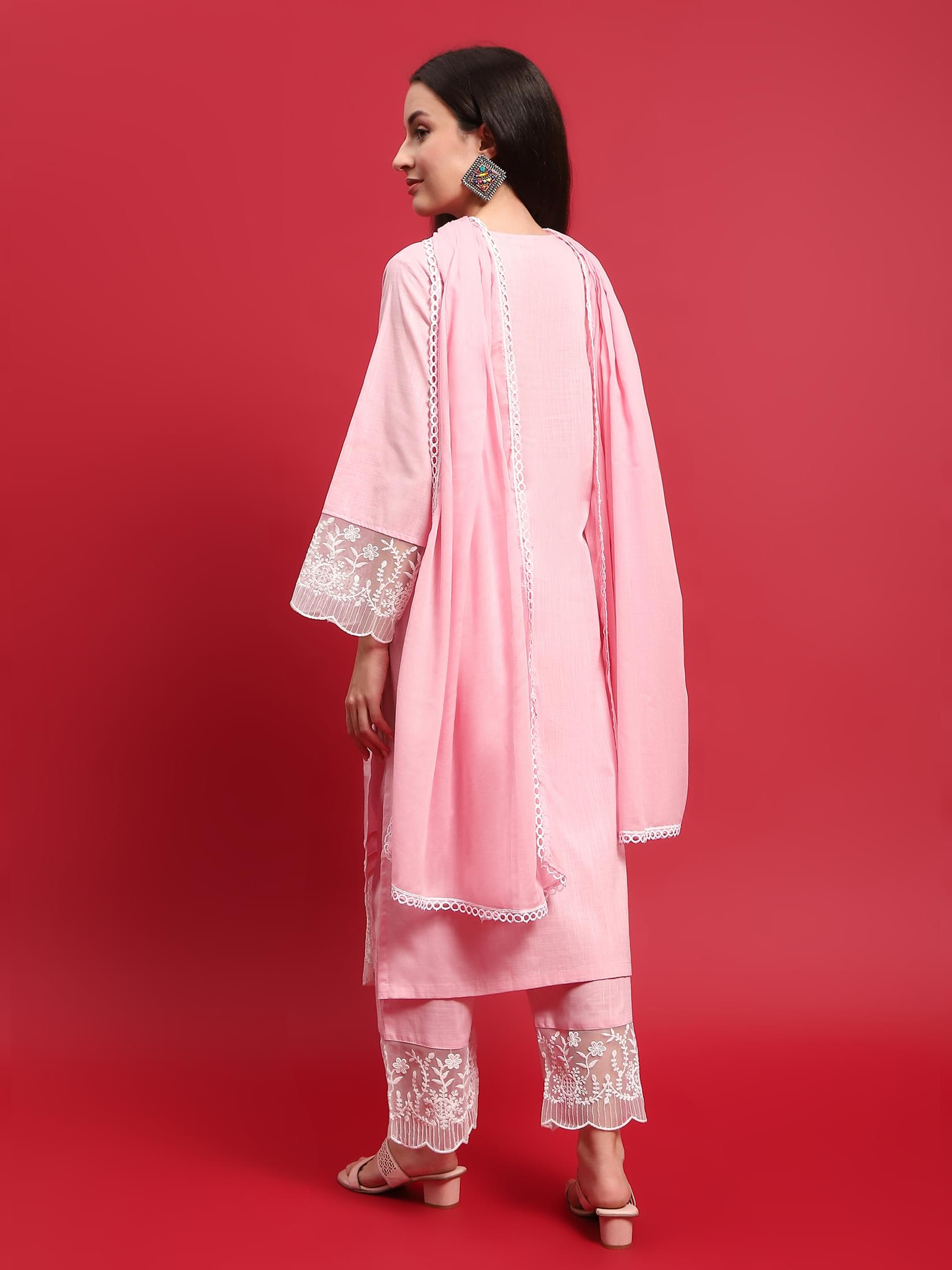 Women Cotton Pink Solid Kurta Comfort Pant Dupatta.