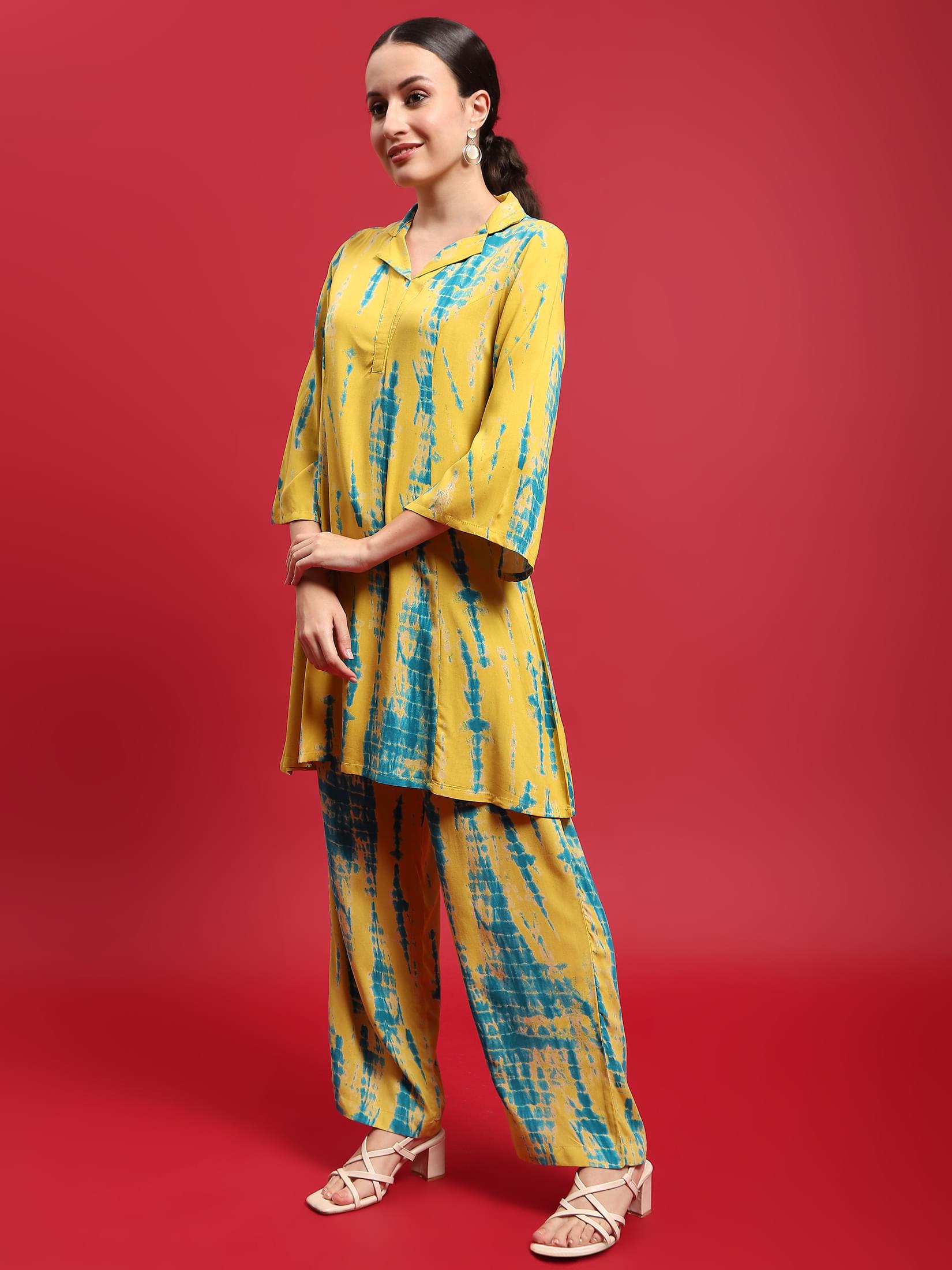 Women Liva Rayon Green Tie Dye Print Co-Ord Set.