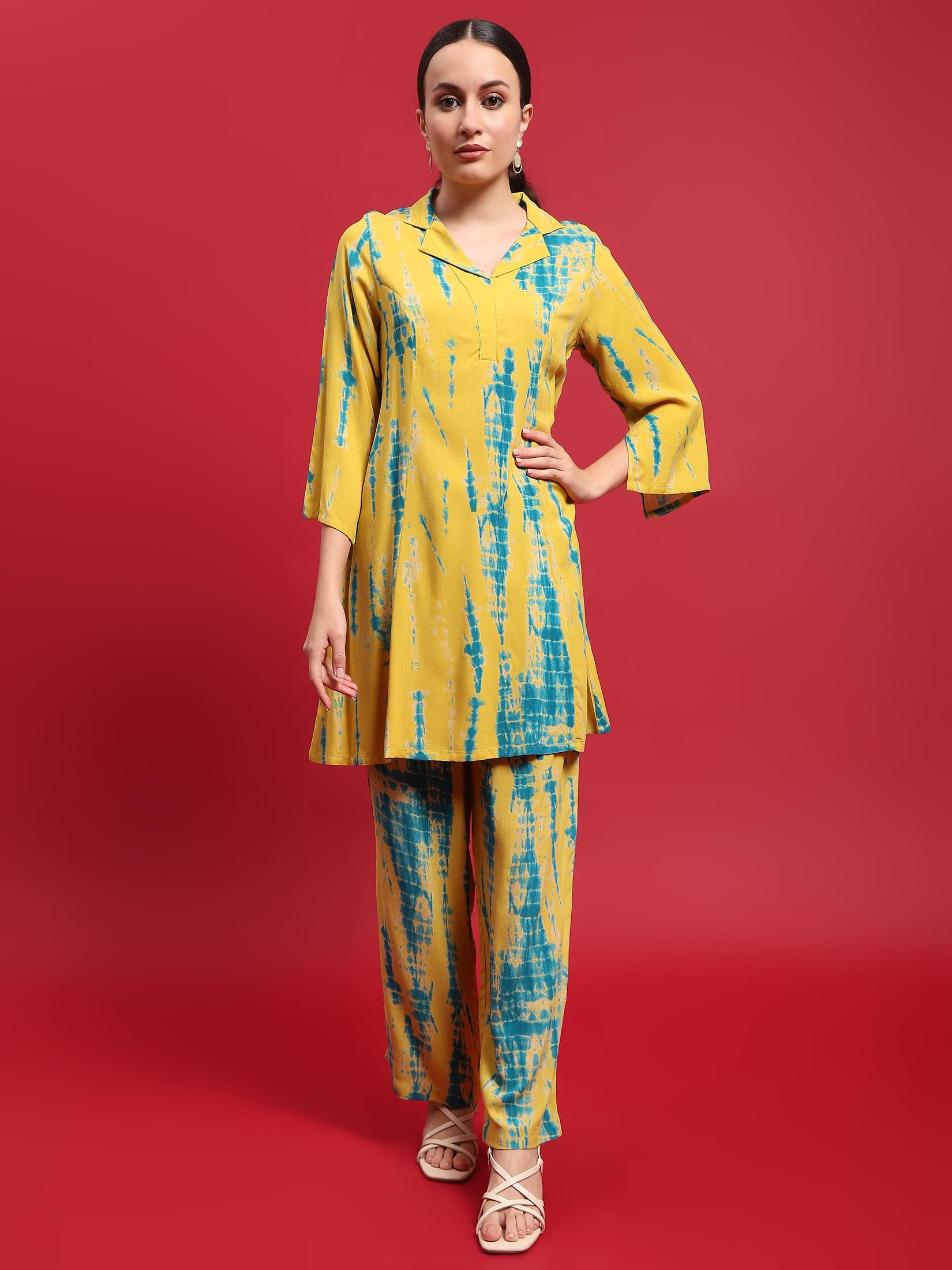 Women Liva Rayon Green Tie Dye Print Co-Ord Set.