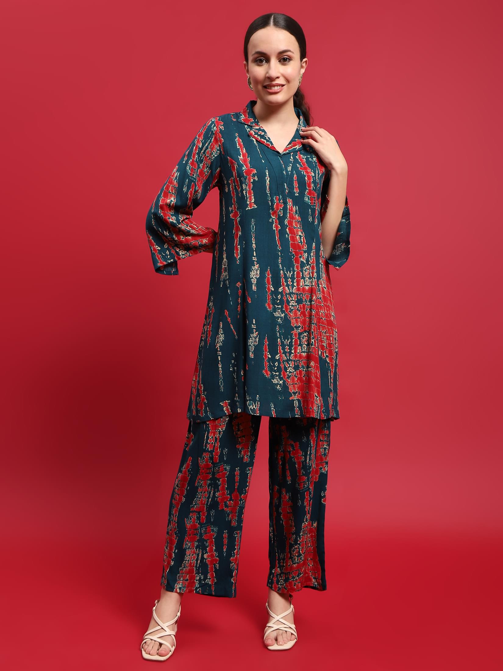 Women Liva Rayon Blue Tie Dye Print Co-Ord Set.