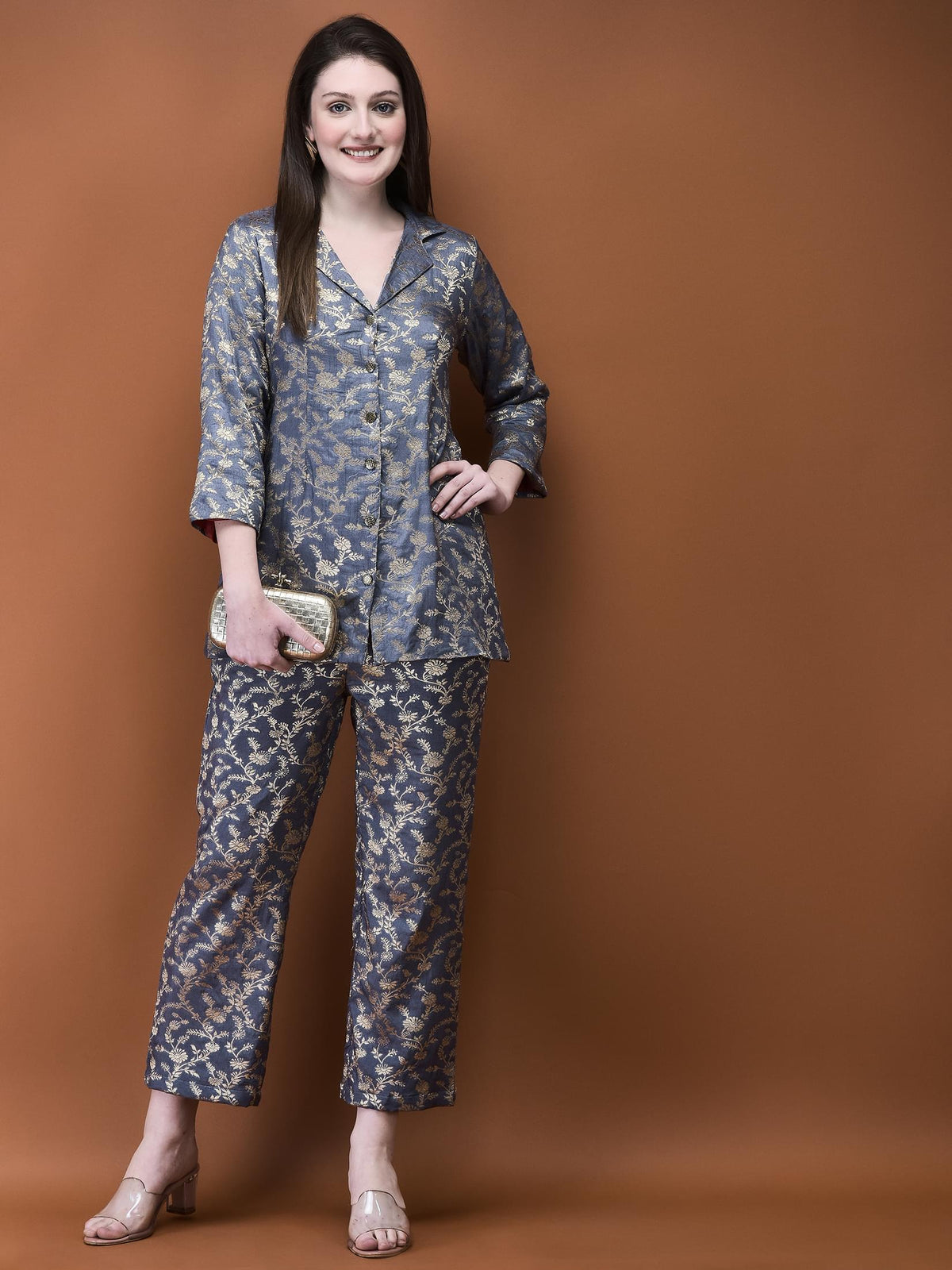 Women Jacquard Grey Woven Co-Ord Set.