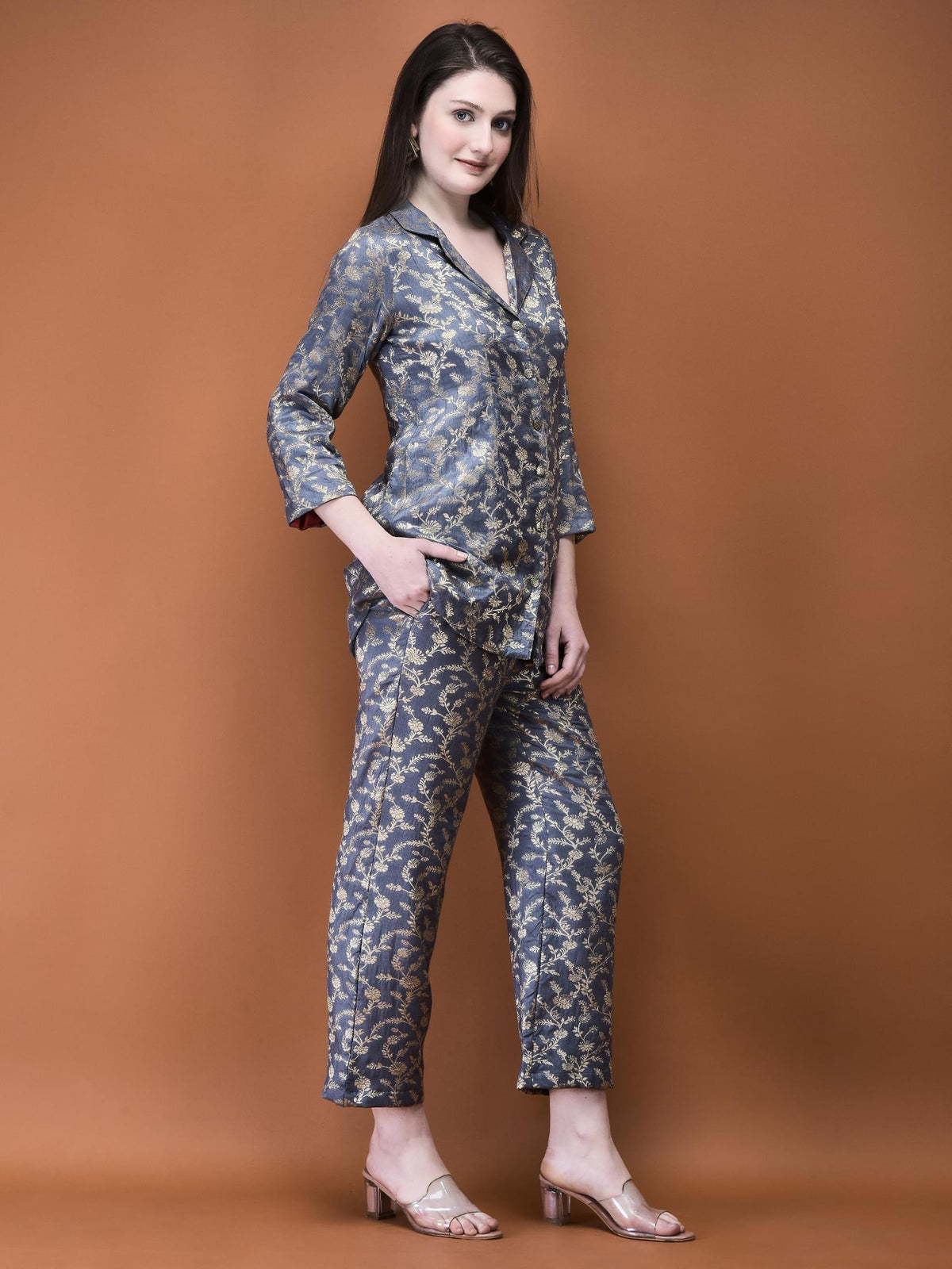 Women Jacquard Grey Woven Co-Ord Set.