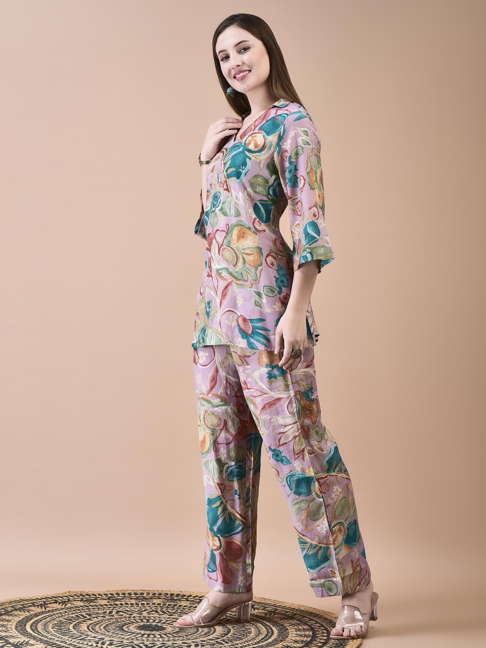 Women Liva Lilac Abstract Print Co-Ord Set.