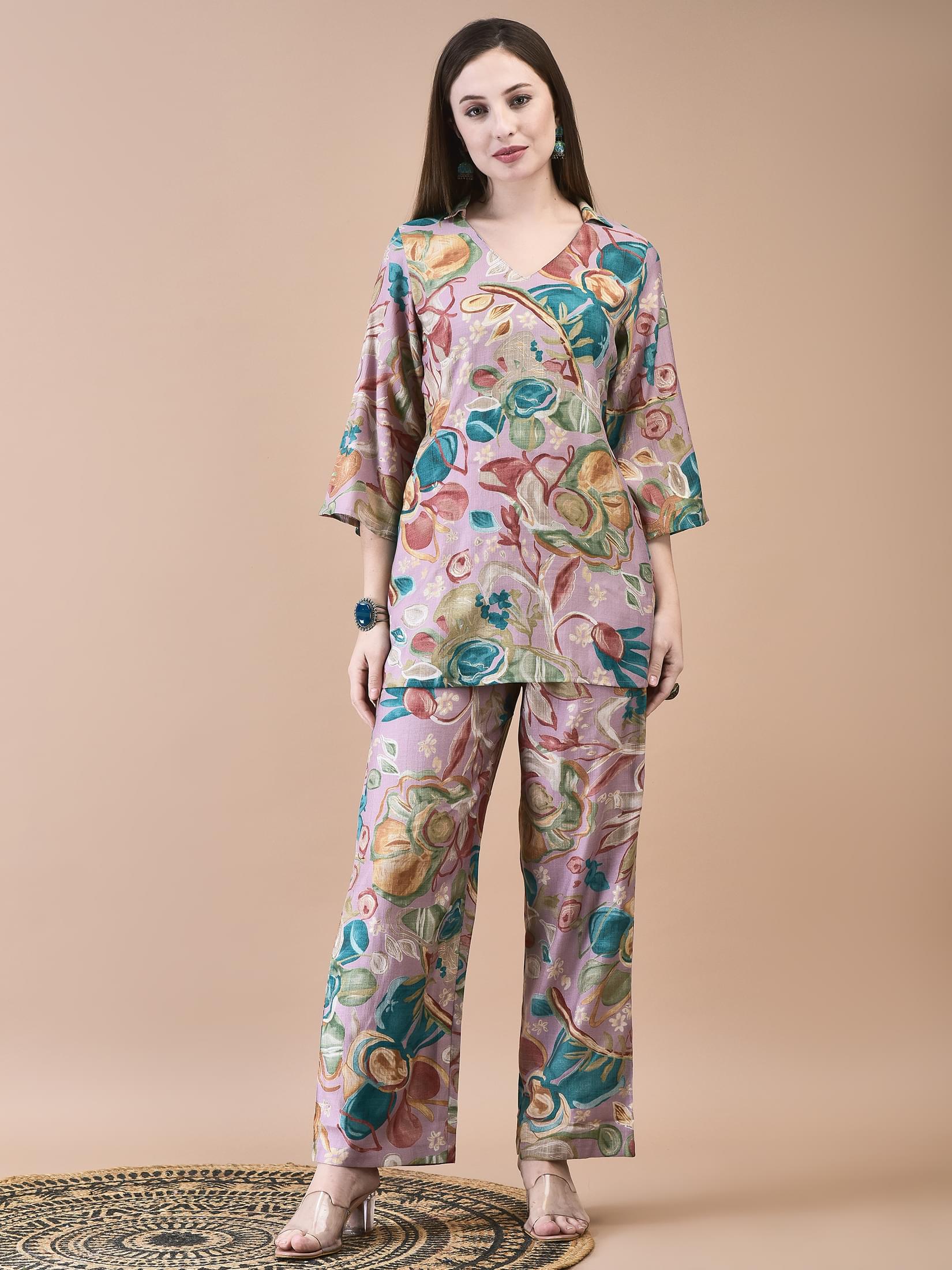 Women Liva Blue Embroidered Co-Ord Set