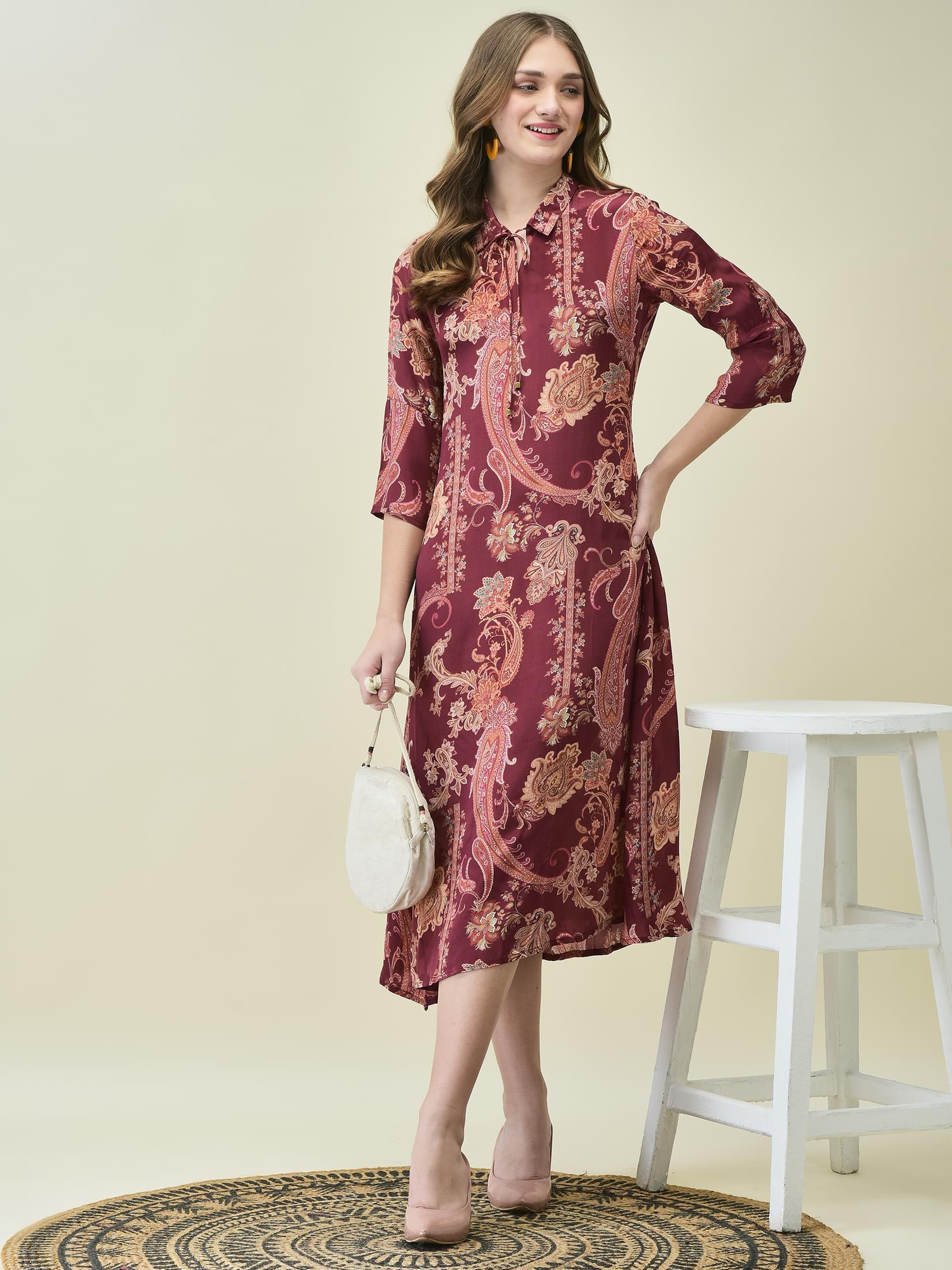 Deep burgundy royal paisley print fluid crepe fabric elegant formal dress