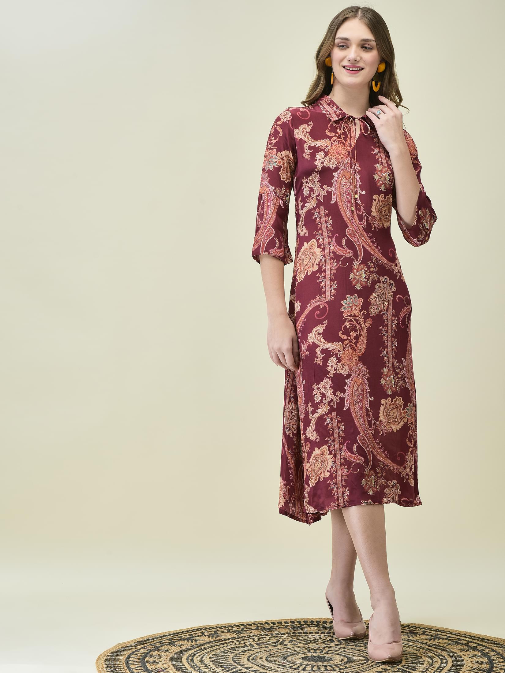Women Crepe Burgundy Paisley Print Dress.