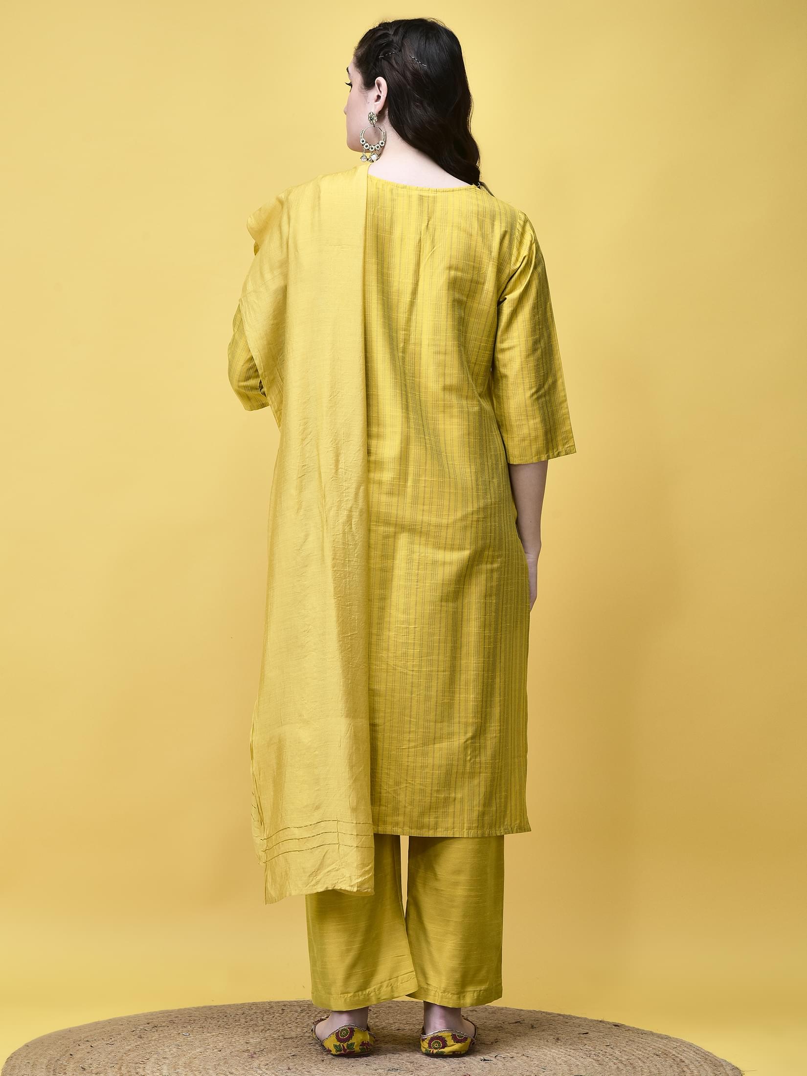 Women Silk Blend Mustard Stripe Print Kurta Comfort Pant Dupatta.