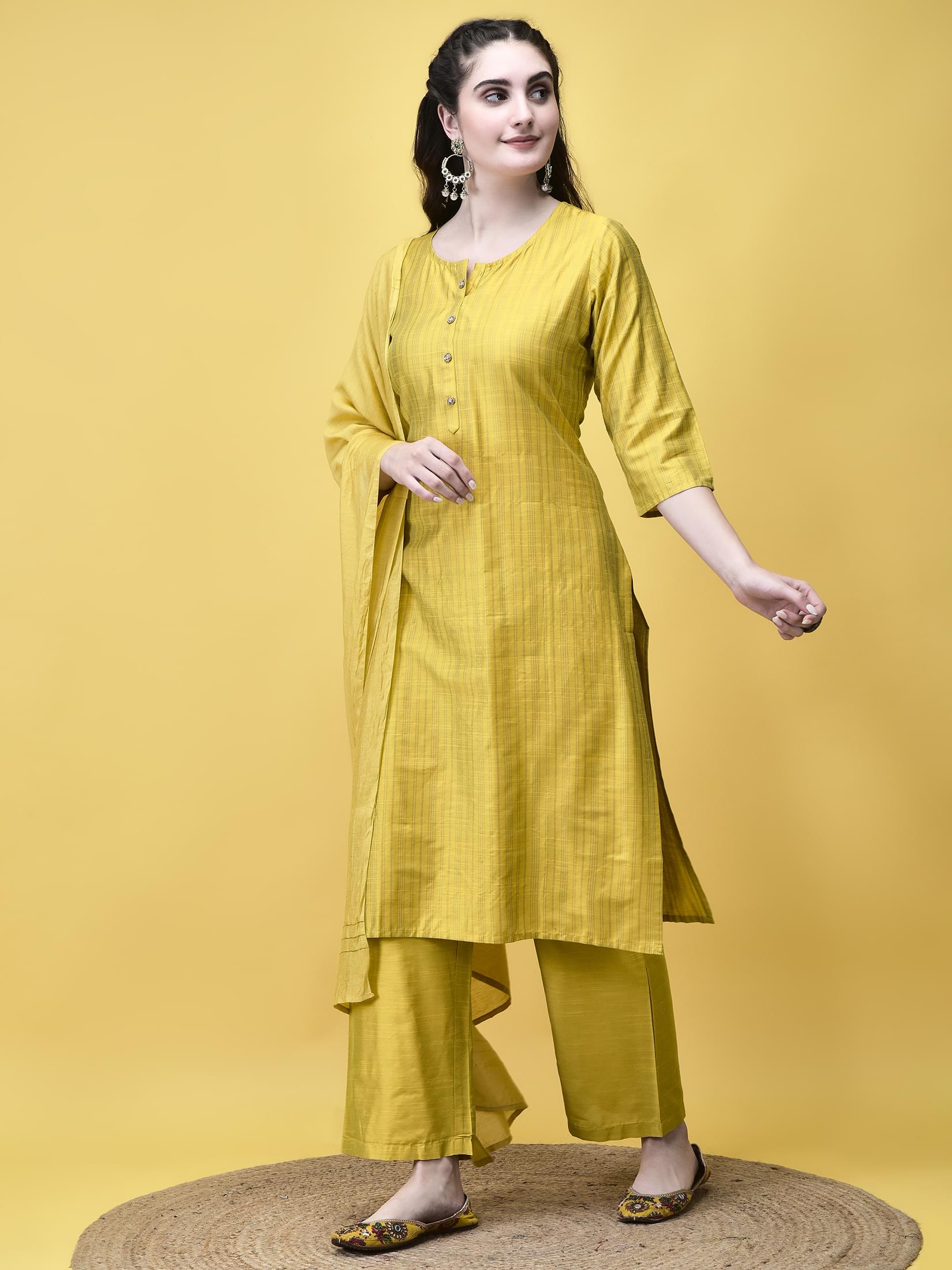 Women Silk Blend Mustard Stripe Print Kurta Comfort Pant Dupatta.