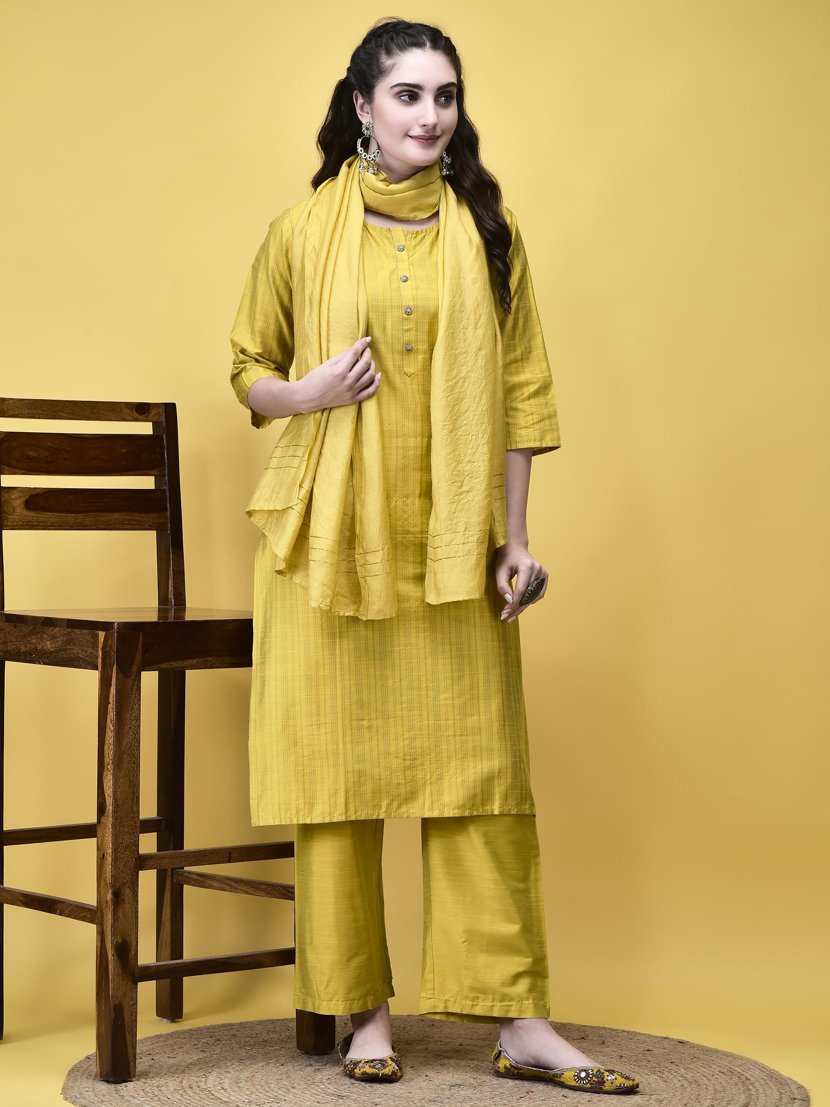 Mustard yellow fine stripe print premium silk blend straight festive trouser suit