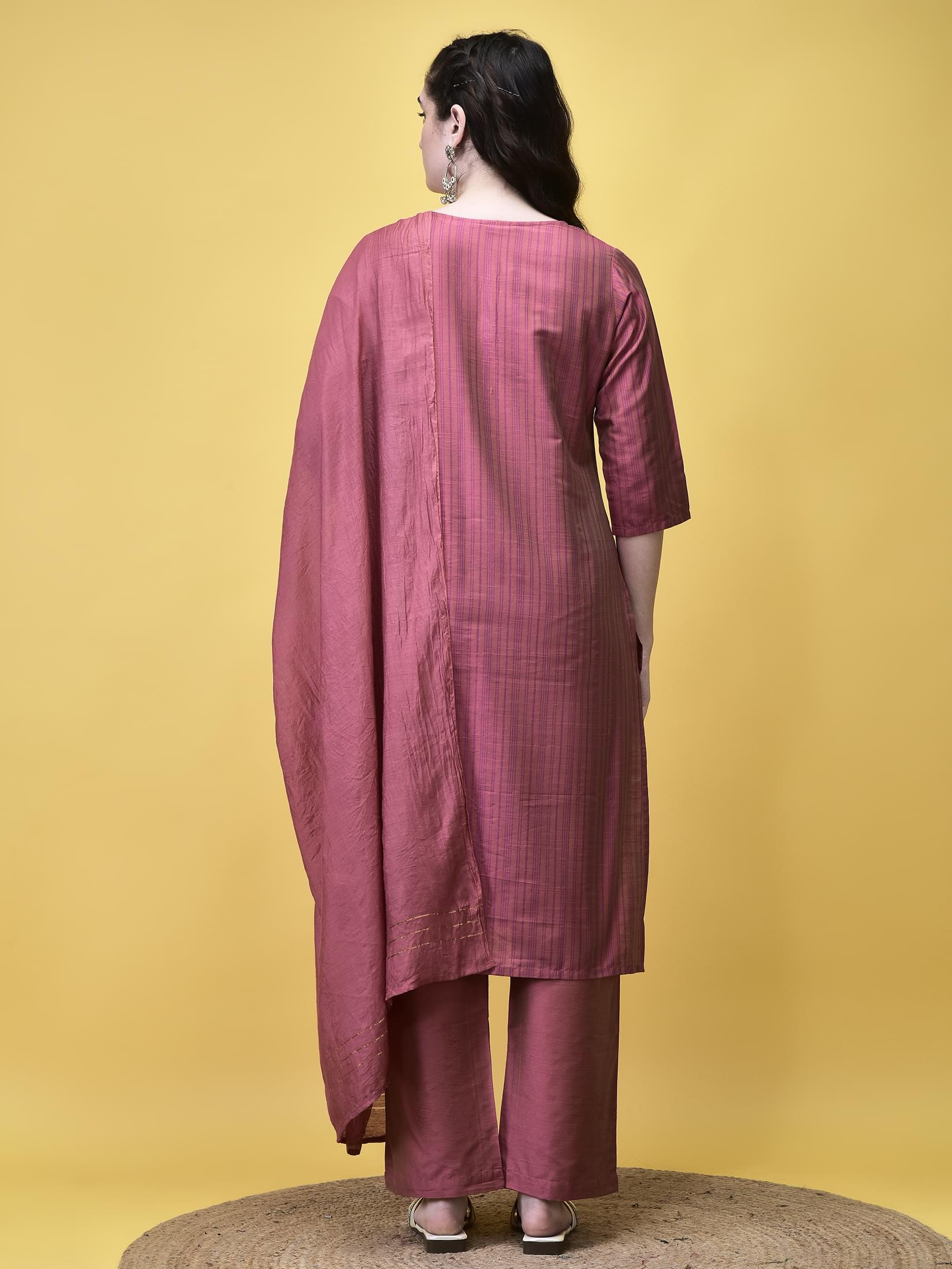 Women Silk Blend Pink Stripe Print Kurta Comfort Pant Dupatta.