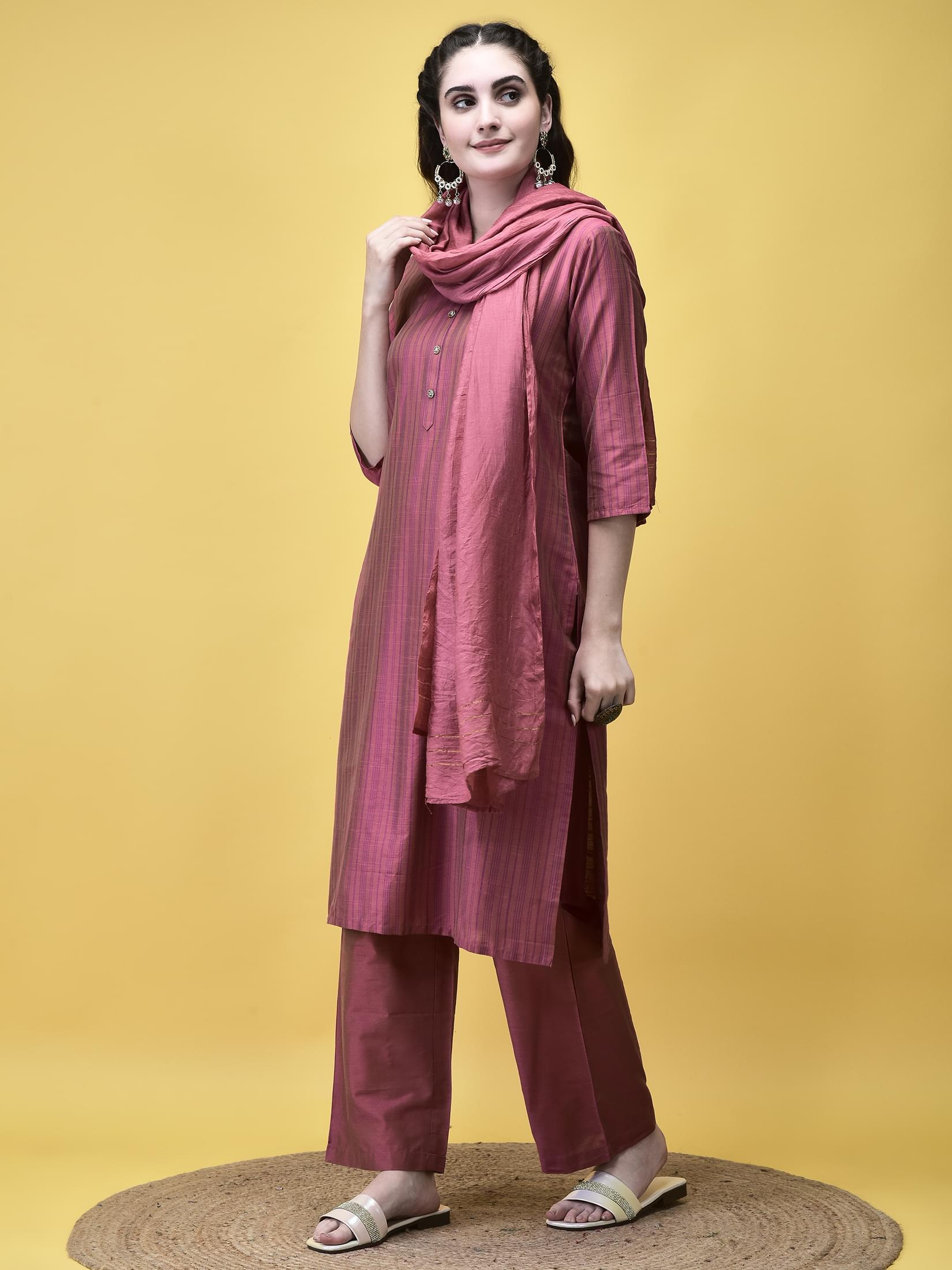 Women Silk Blend Pink Stripe Print Kurta Comfort Pant Dupatta.