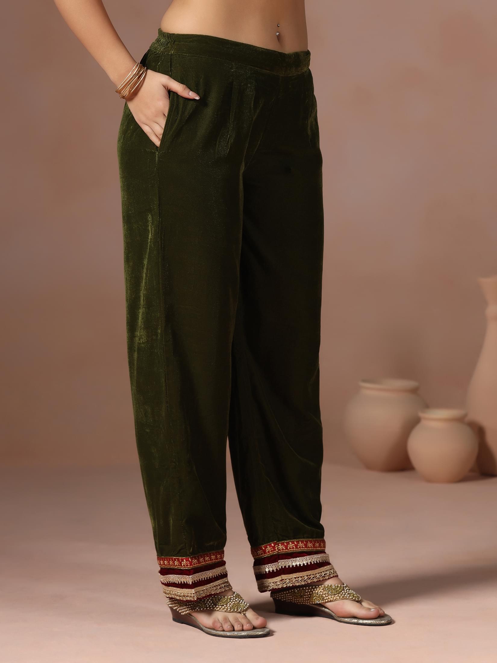 Winter Women Velvet Green Embroidered Kurta Comfort Pant Dupatta.