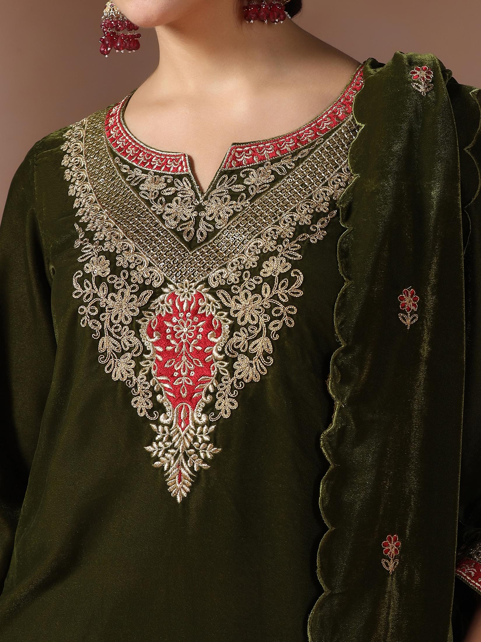 Winter Women Velvet Green Embroidered Kurta Comfort Pant Dupatta.