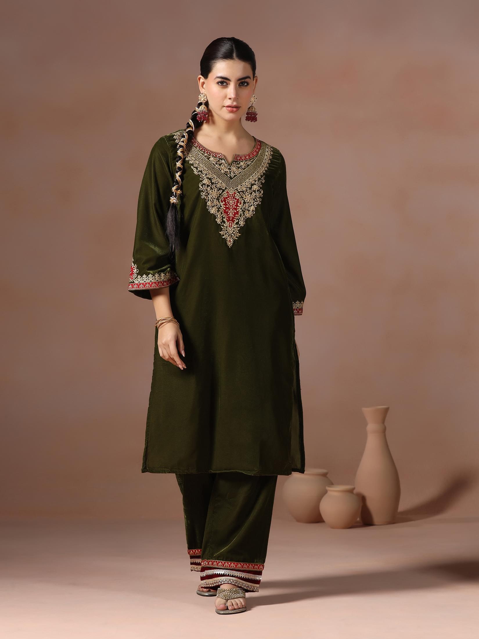 Winter Women Velvet Green Embroidered Kurta Comfort Pant Dupatta.