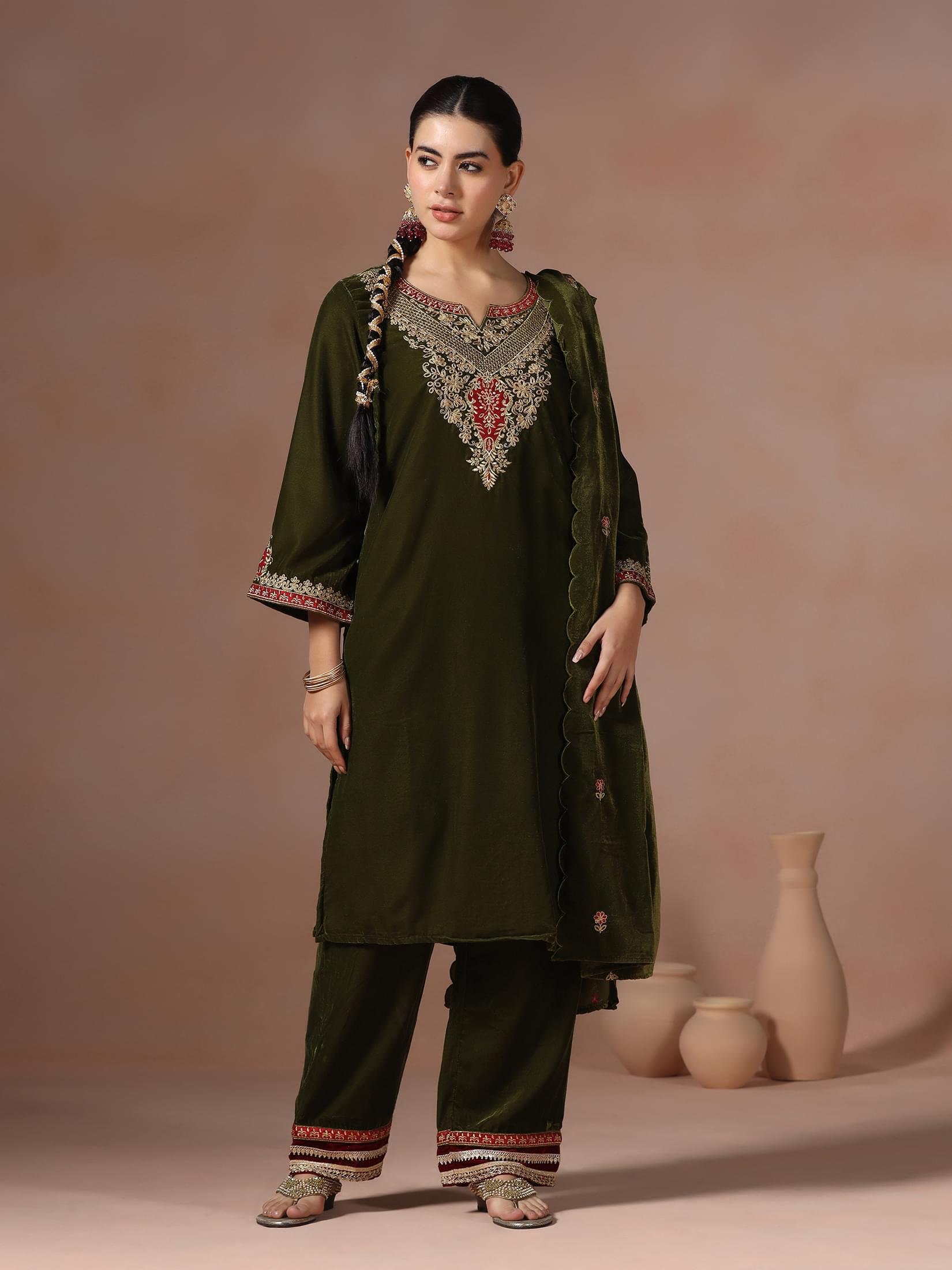 Winter Women Velvet Green Embroidered Kurta Comfort Pant Dupatta.