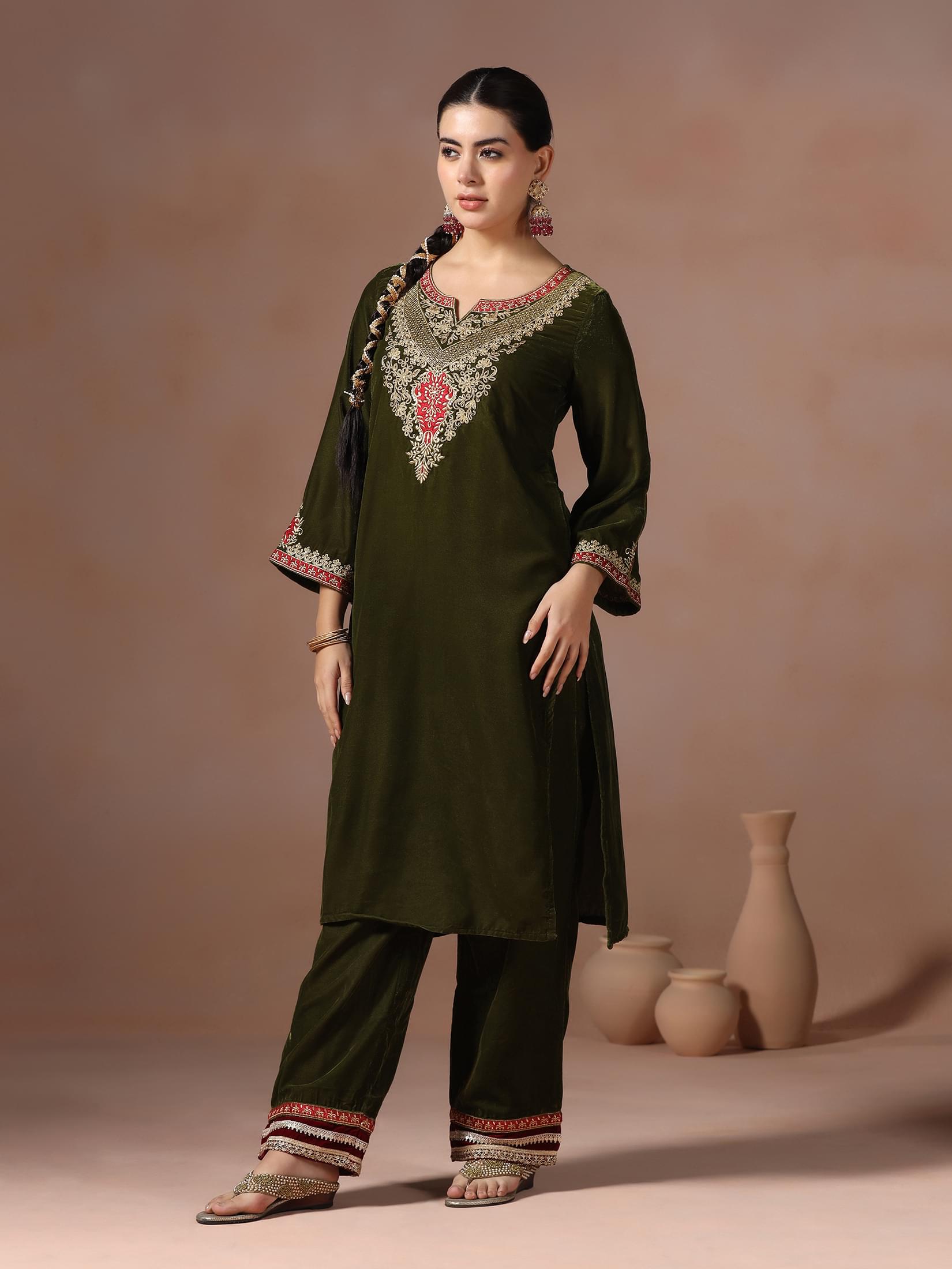 Winter Women Velvet Green Embroidered Kurta Comfort Pant Dupatta.