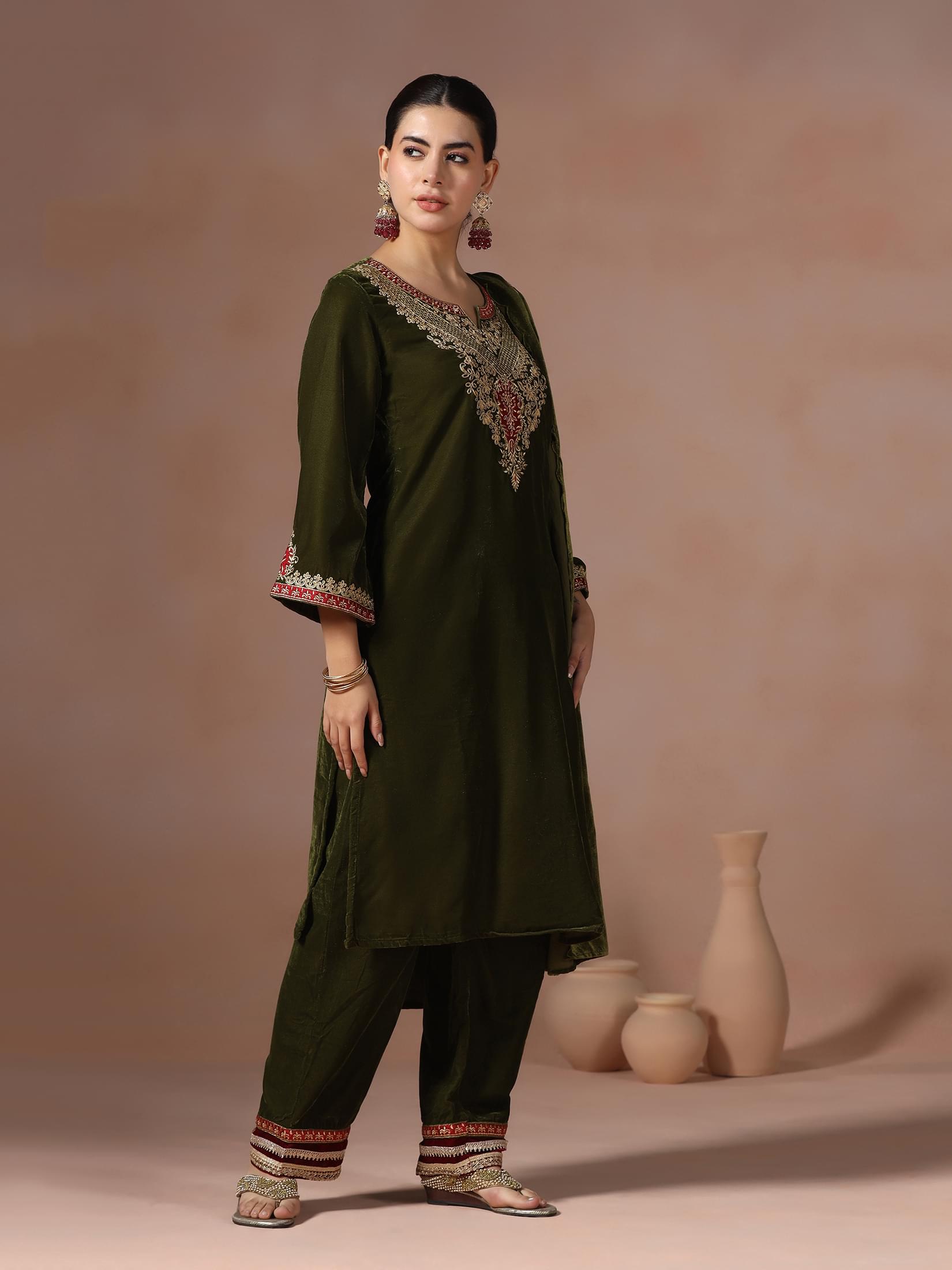 Winter Women Velvet Green Embroidered Kurta Comfort Pant Dupatta.
